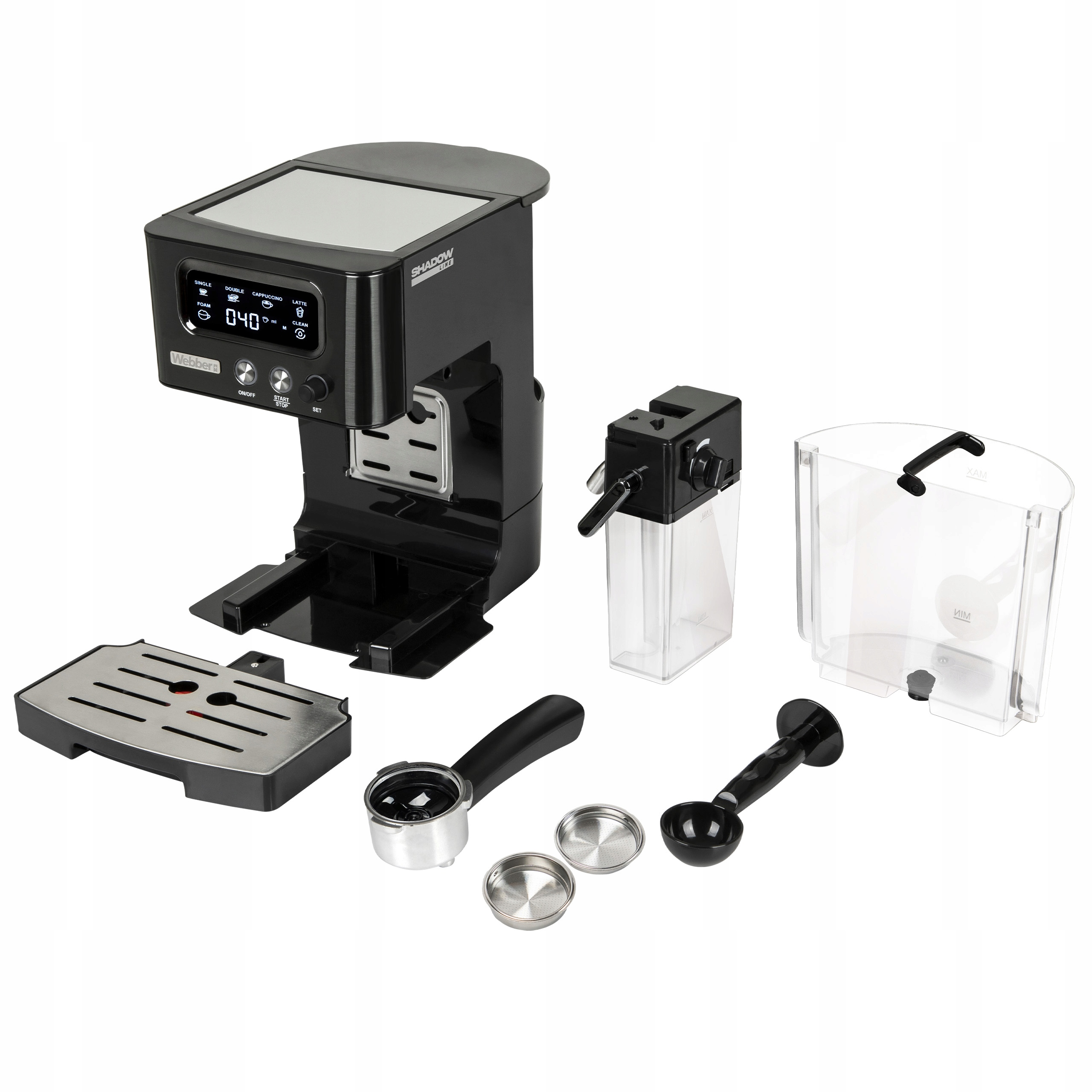 Czarny ekspres do kawy w demontażu. Zawiera jednostkę główną, zbiornik na wodę, kolbę i akcesoria na białym tle.