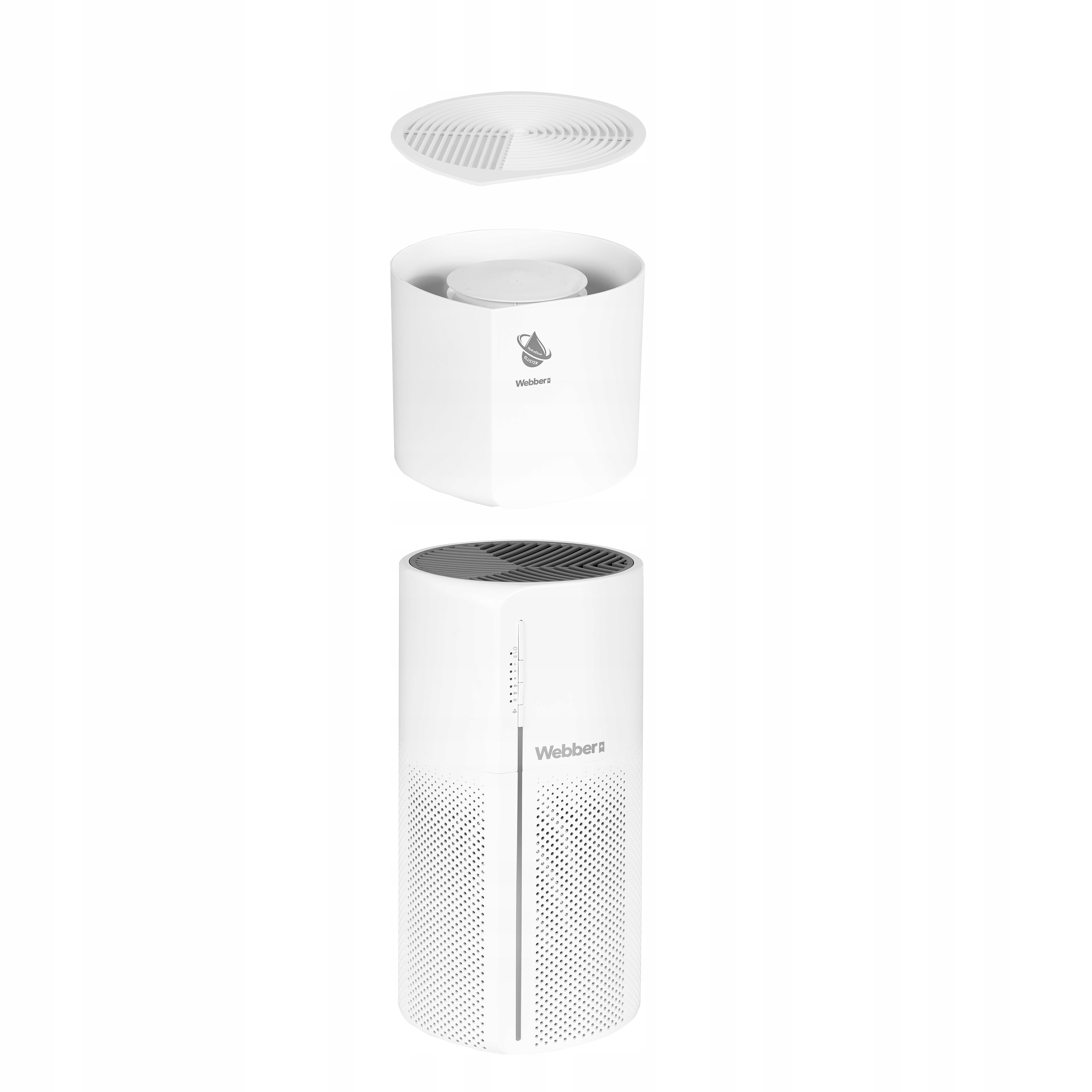 Zdemontowany biały oczyszczacz powietrza. Części: górna kratka, środkowa część i główny korpus z marką.