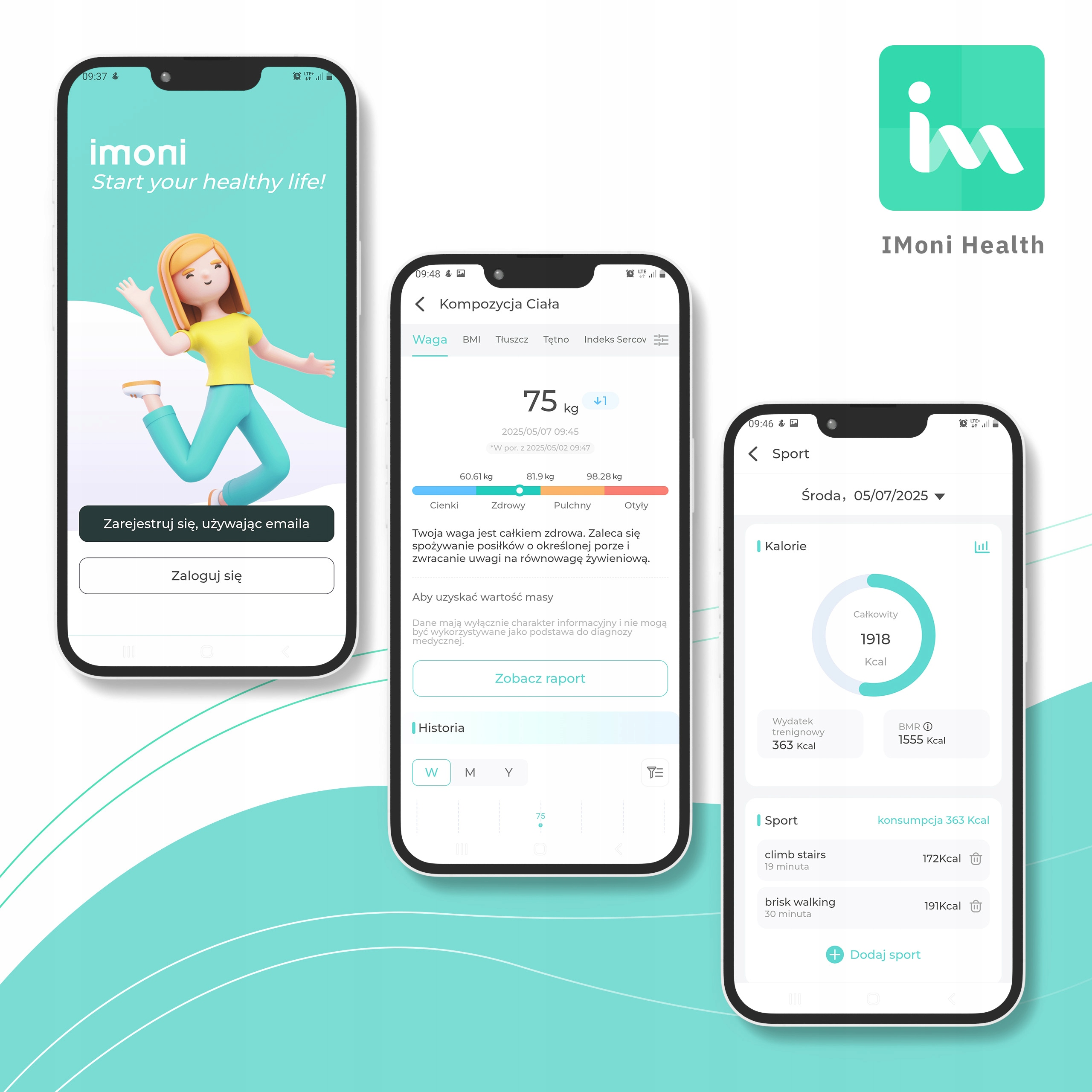 Trzy ekrany telefonu wyświetlające dane aplikacji zdrowotnej. Aplikacja pokazuje wagę, skład ciała i informacje o ćwiczeniach.