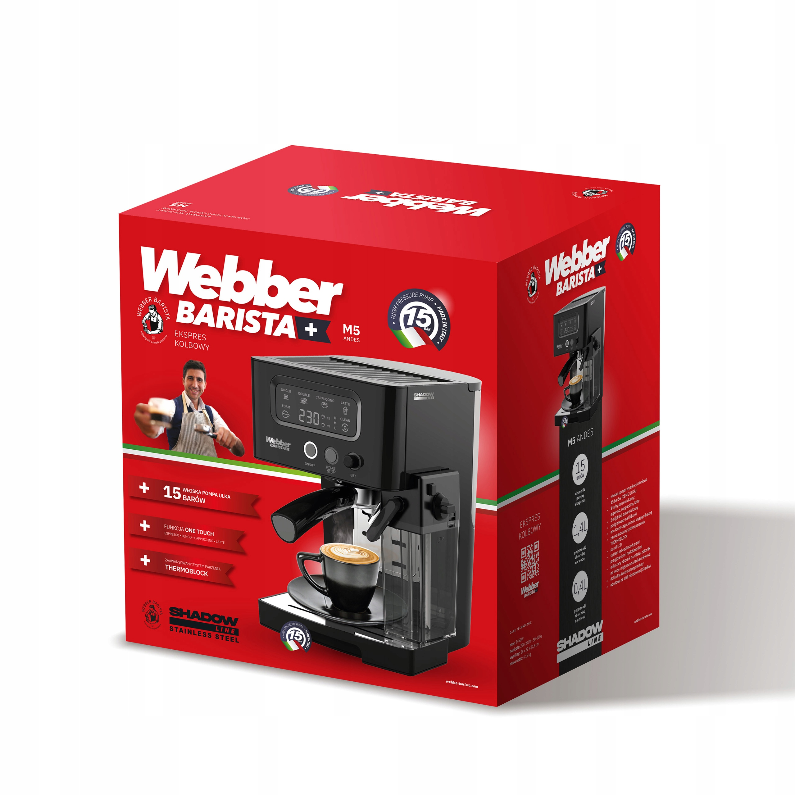 Czerwone pudełko z ekspresem do kawy. Tekst i filiżanka kawy. Marka to Webber Barista.