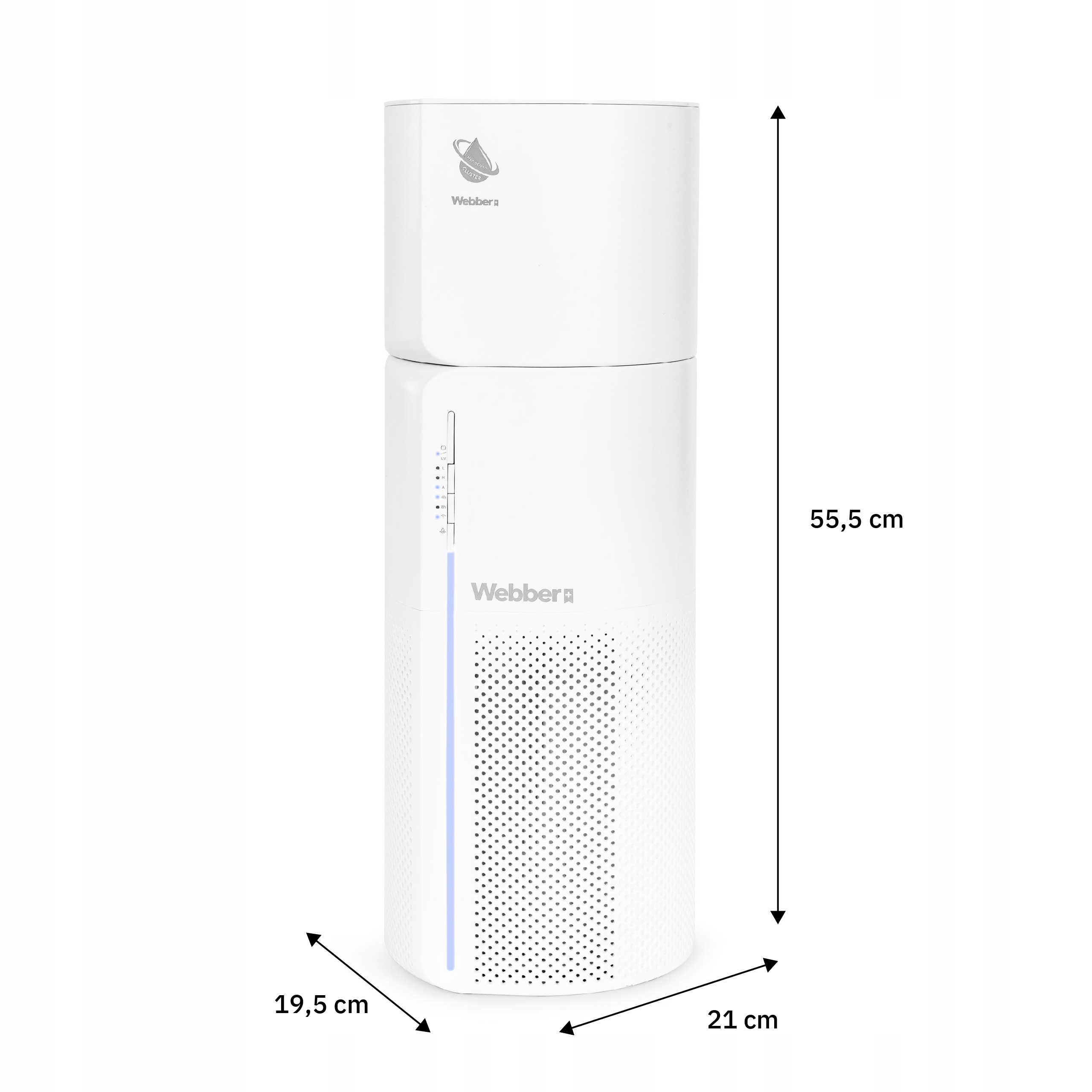 Biały oczyszczacz powietrza z oznaczonymi wymiarami. Posiada logo Webber i wyświetlacz. Wysokość 55,5 cm.