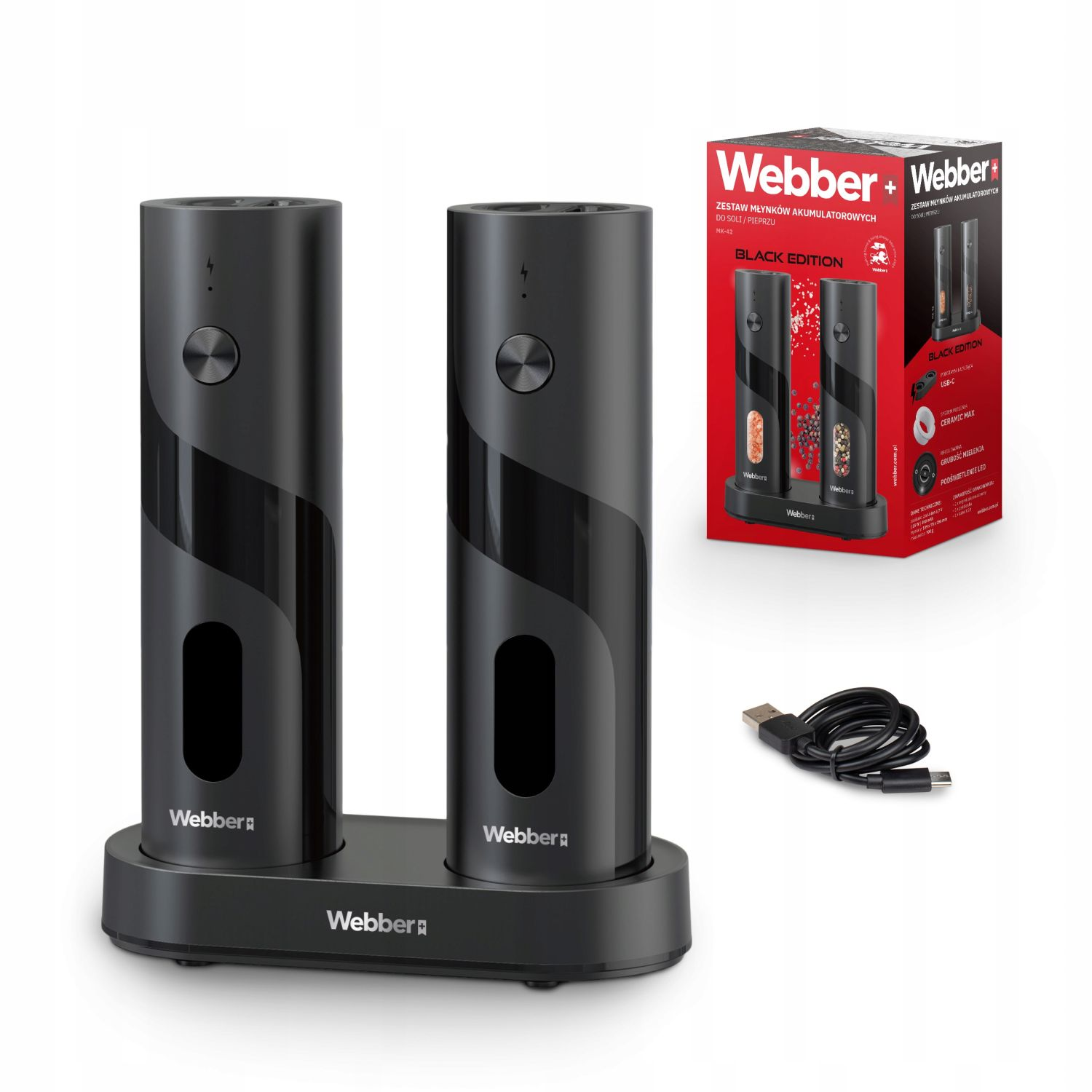 Czarne młynki do soli i pieprzu Webber z podstawą ładującą, pudełkiem i kablem USB.