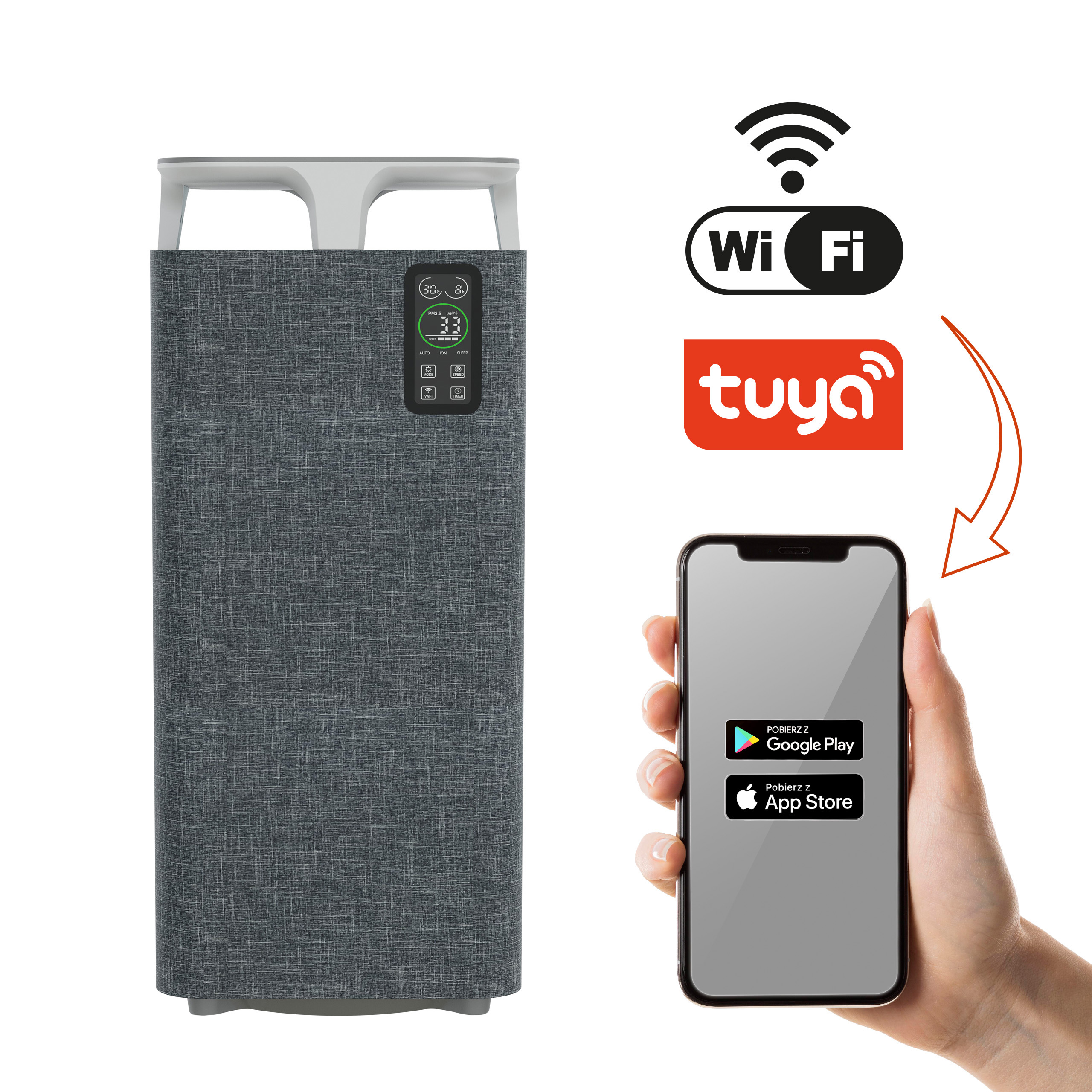 Oczyszczacz powietrza z cyfrowym wyświetlaczem. Ręka trzyma telefon z opcjami pobierania aplikacji. Widoczne logo WiFi i Tuya.