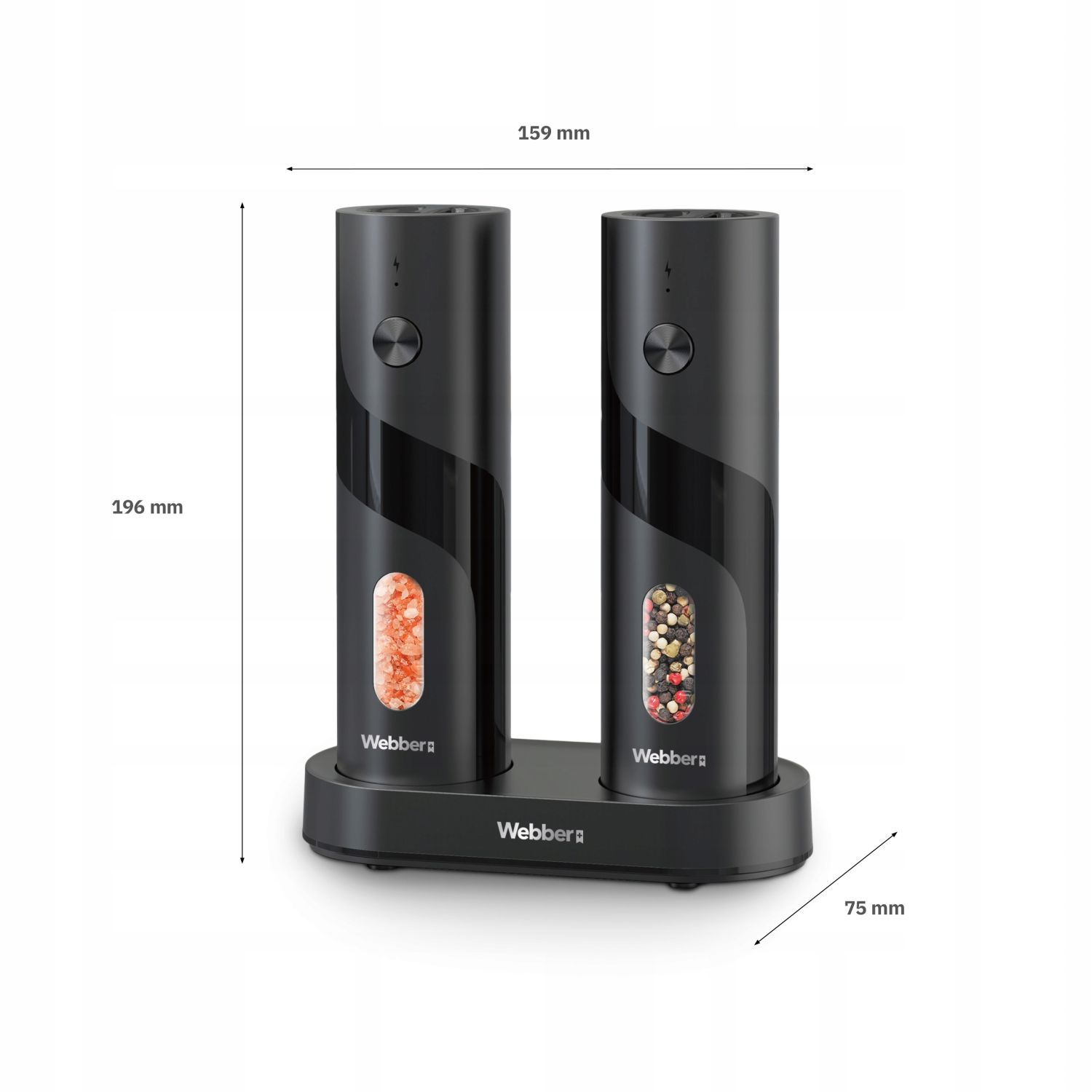 Dwa czarne elektryczne młynki do soli i pieprzu, z widoczną zawartością i podstawą ładującą. Podano wymiary.