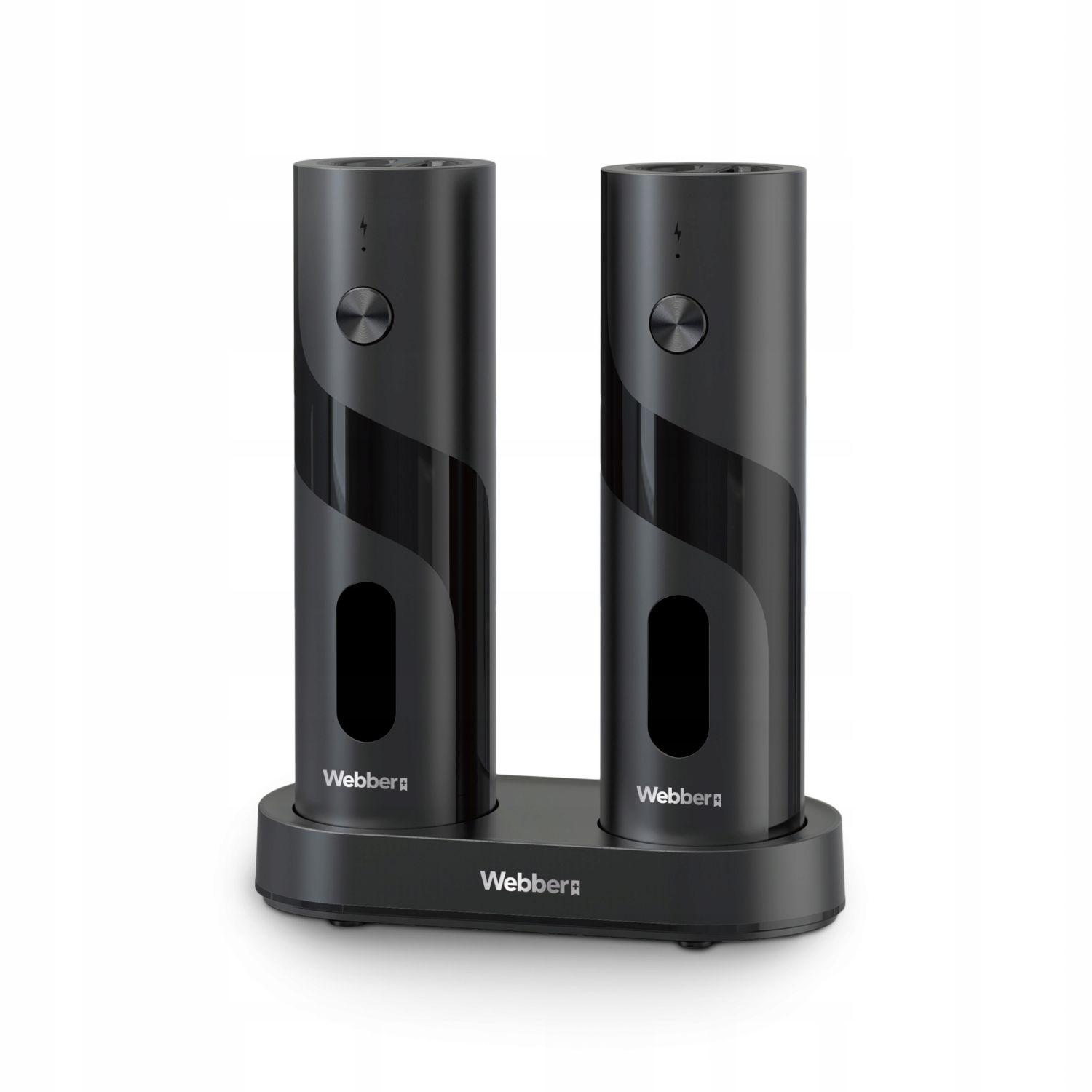 Dwa czarne elektryczne otwieracze do wina Webber na stacji ładującej. Każdy ma przycisk i symbol błyskawicy.