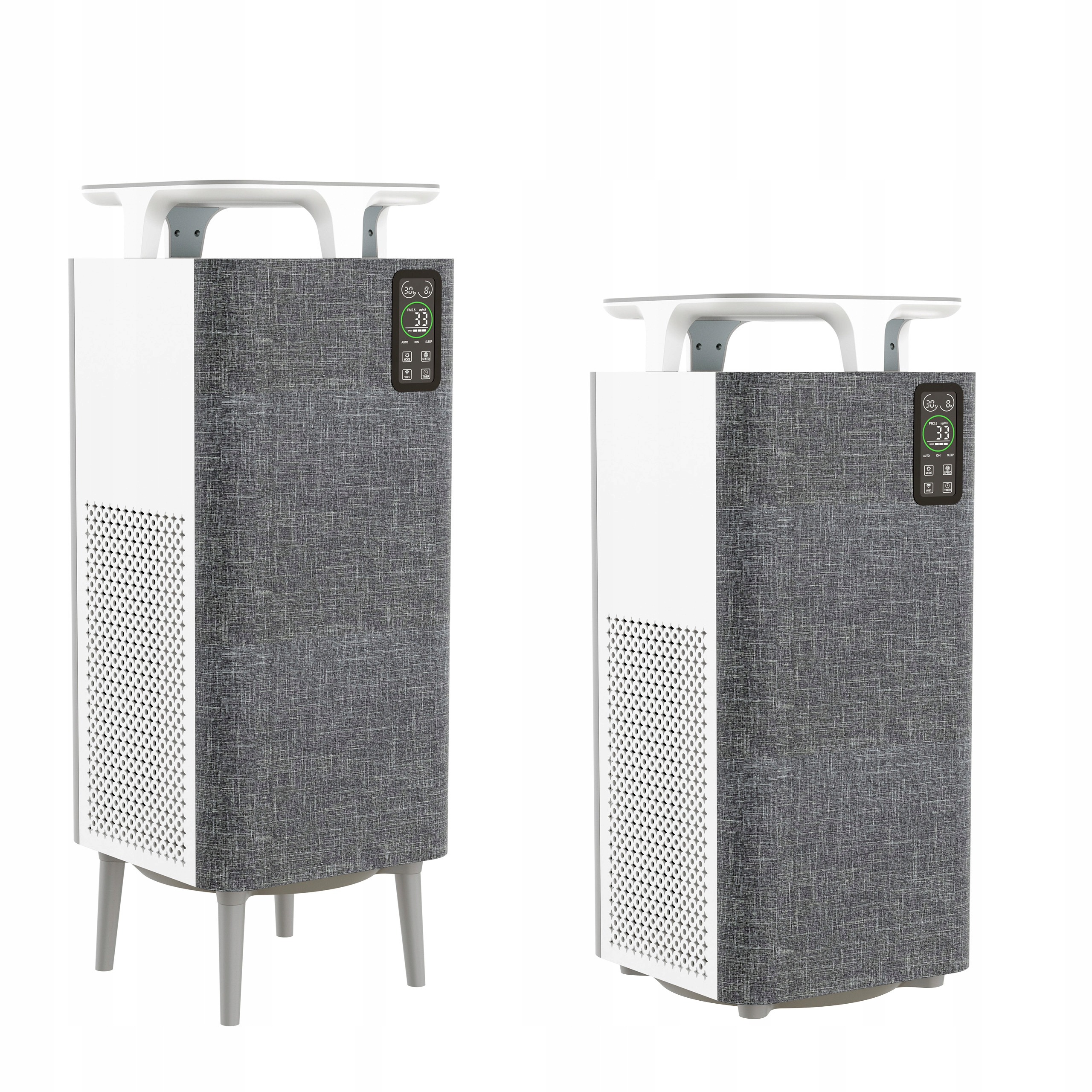 Dwa oczyszczacze powietrza, białe i szare, z wyświetlaczami cyfrowymi. Jeden na nogach, drugi krótszy.