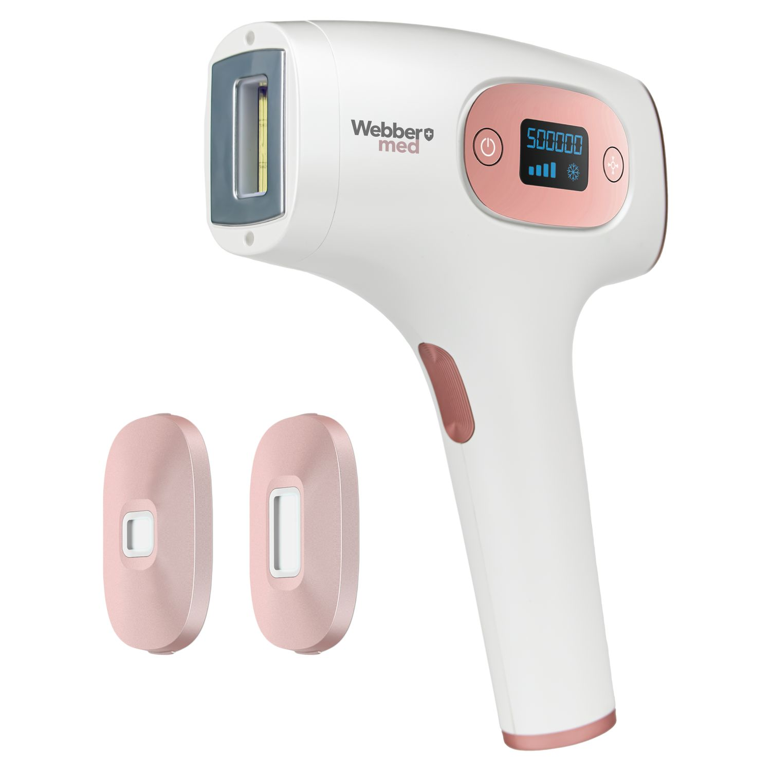 Białe i różowo-złote urządzenie do usuwania włosów z dwoma pasującymi nasadkami. Posiada wyświetlacz cyfrowy i markę 'Webber med'.