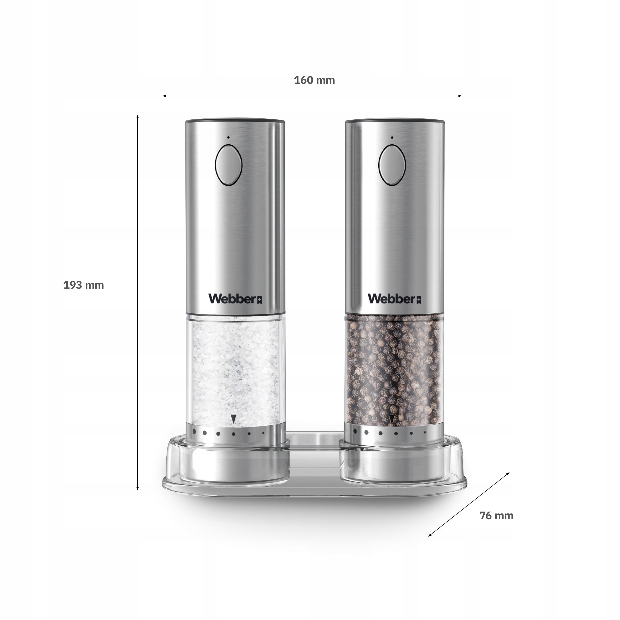 Dwa elektryczne młynki do soli i pieprzu marki Webber na przezroczystej tacy. Jeden z solą, drugi z ziarnami pieprzu.