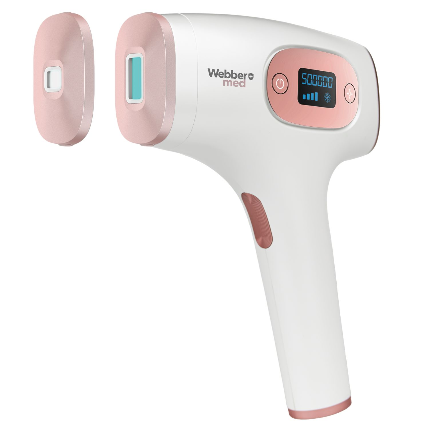 Białe i różowe urządzenie do usuwania włosów z dwiema głowicami. Ma cyfrowy wyświetlacz i markę Webber med.