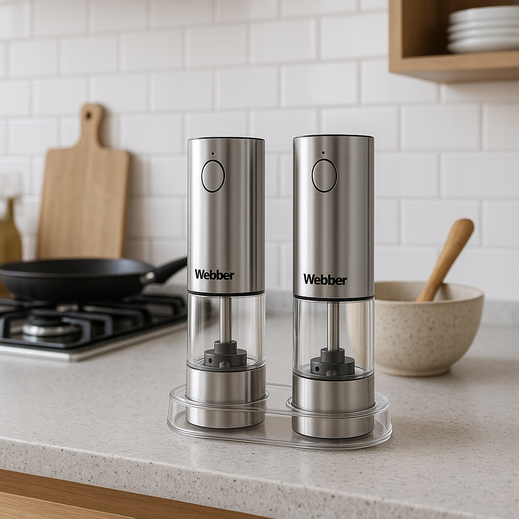 Dwa srebrne młynki do soli/pieprzu Webber na blacie kuchennym. Patelnia, deska do krojenia i miska w tle.