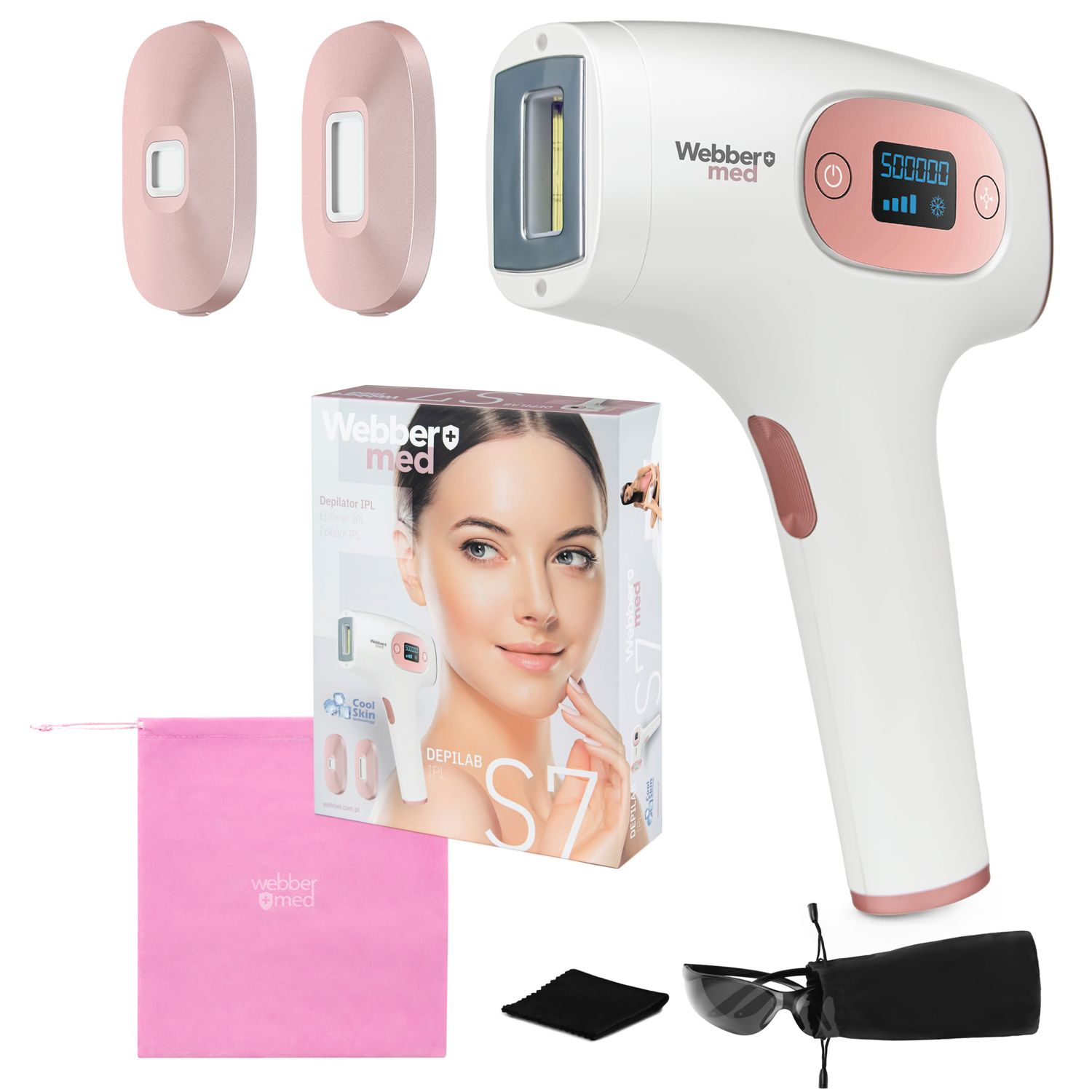 Białe i różowo-złote urządzenie do depilacji IPL z akcesoriami. Zawiera dwie głowice, różową torbę, okulary i opakowanie.
