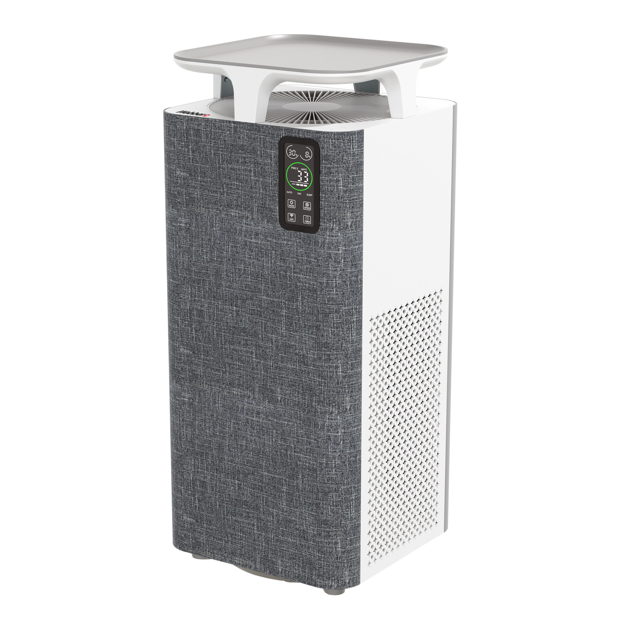 Oczyszczacz powietrza z szarą tkaniną z przodu, białymi bokami i białą górą. Posiada cyfrowy wyświetlacz i przyciski sterujące.