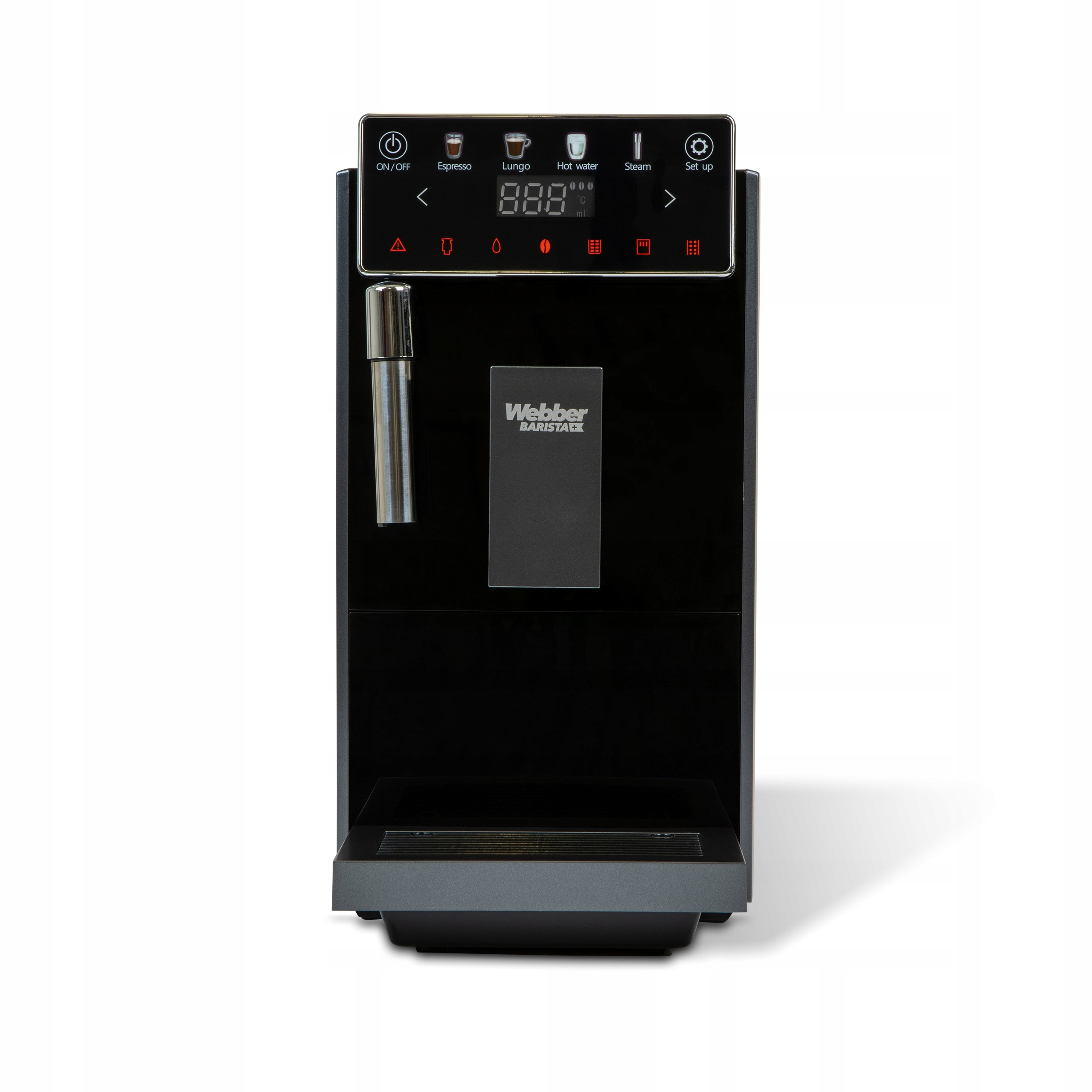 Czarny ekspres do kawy z przyciskami do espresso, lungo, gorącej wody i pary. Cyfrowy wyświetlacz pokazuje cyfry.