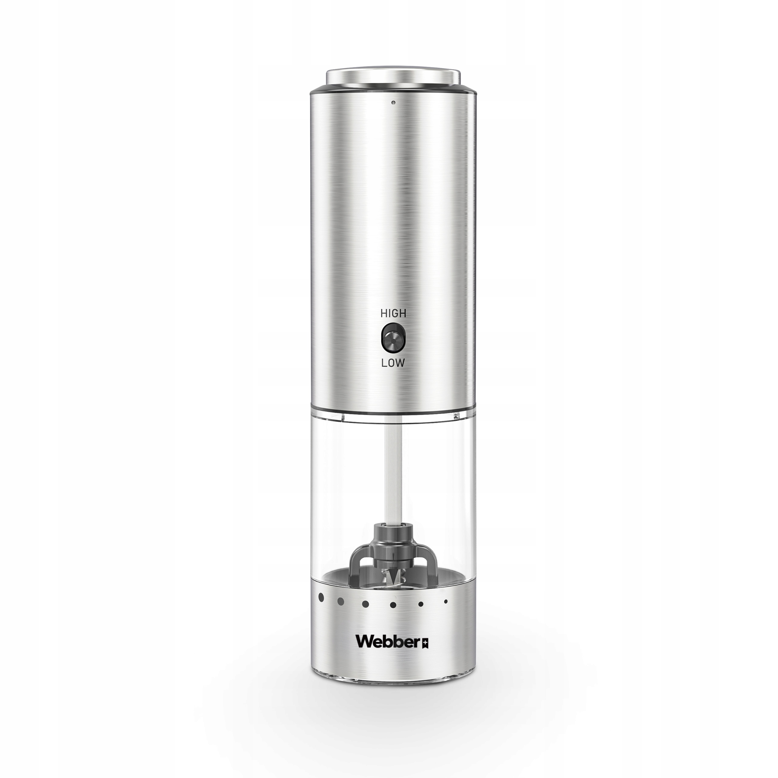 Metalowy elektryczny młynek do pieprzu z przezroczystym pojemnikiem. Ma ustawienia 'Wysoki' i 'Niski'. Marka to Webber.