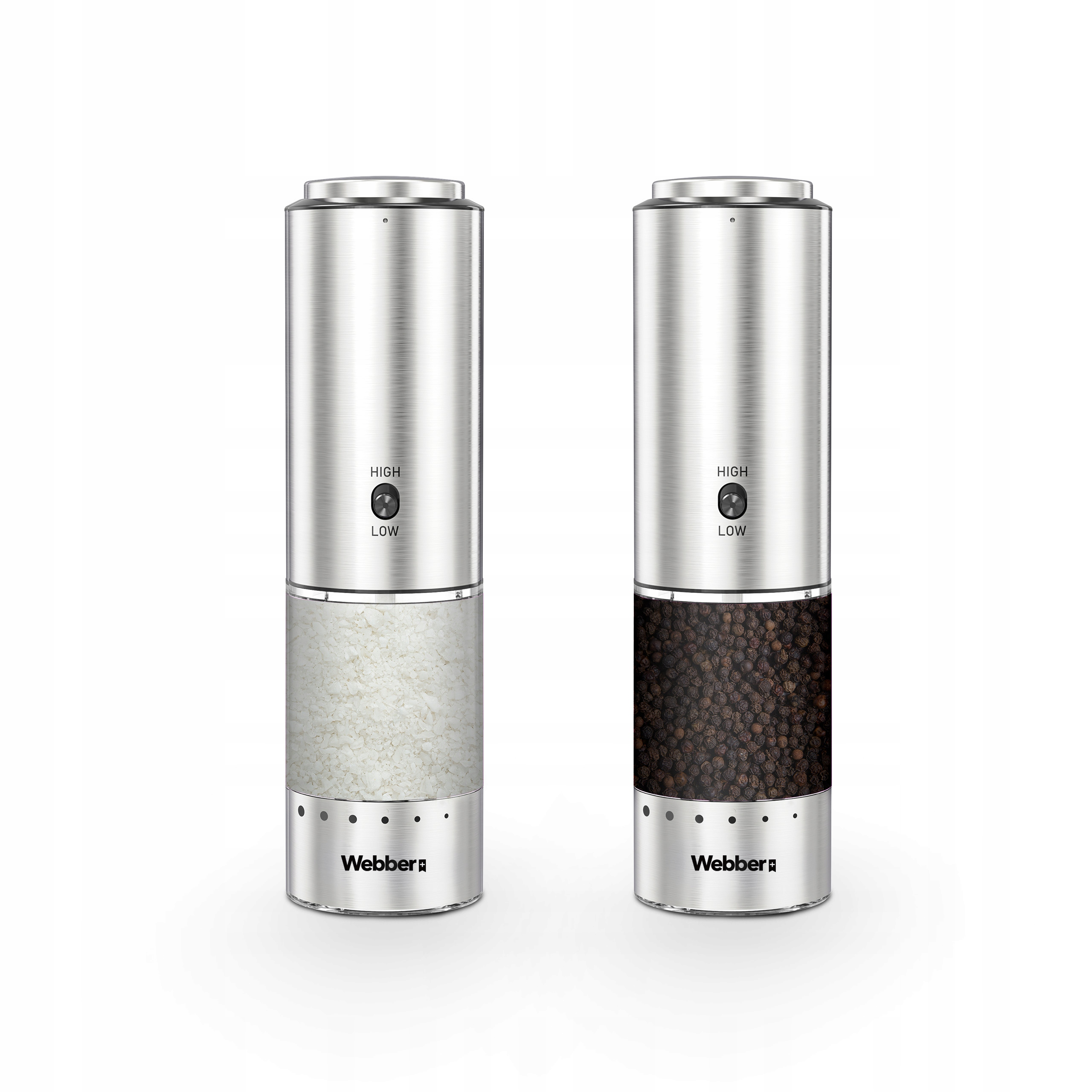 Dwa elektryczne młynki. Jeden wypełniony solą, drugi ziarnami pieprzu. Oba mają etykiety 'High/Low' i 'Webber'.