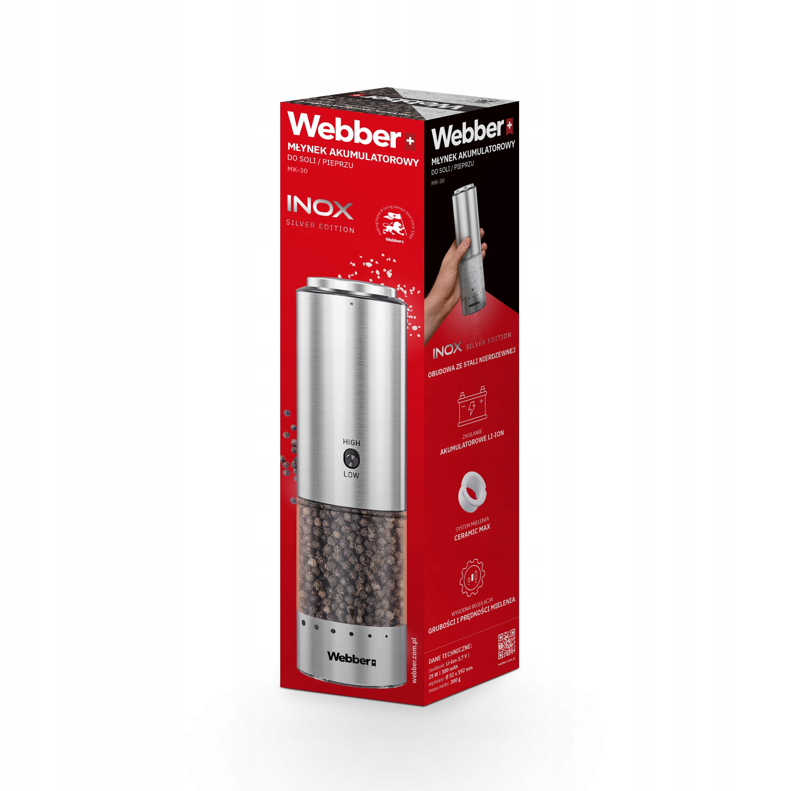 Srebrno-czarny młynek do soli/pieprzu Webber. Ma ustawienie wysokie/niskie. Opakowanie jest czerwono-białe.