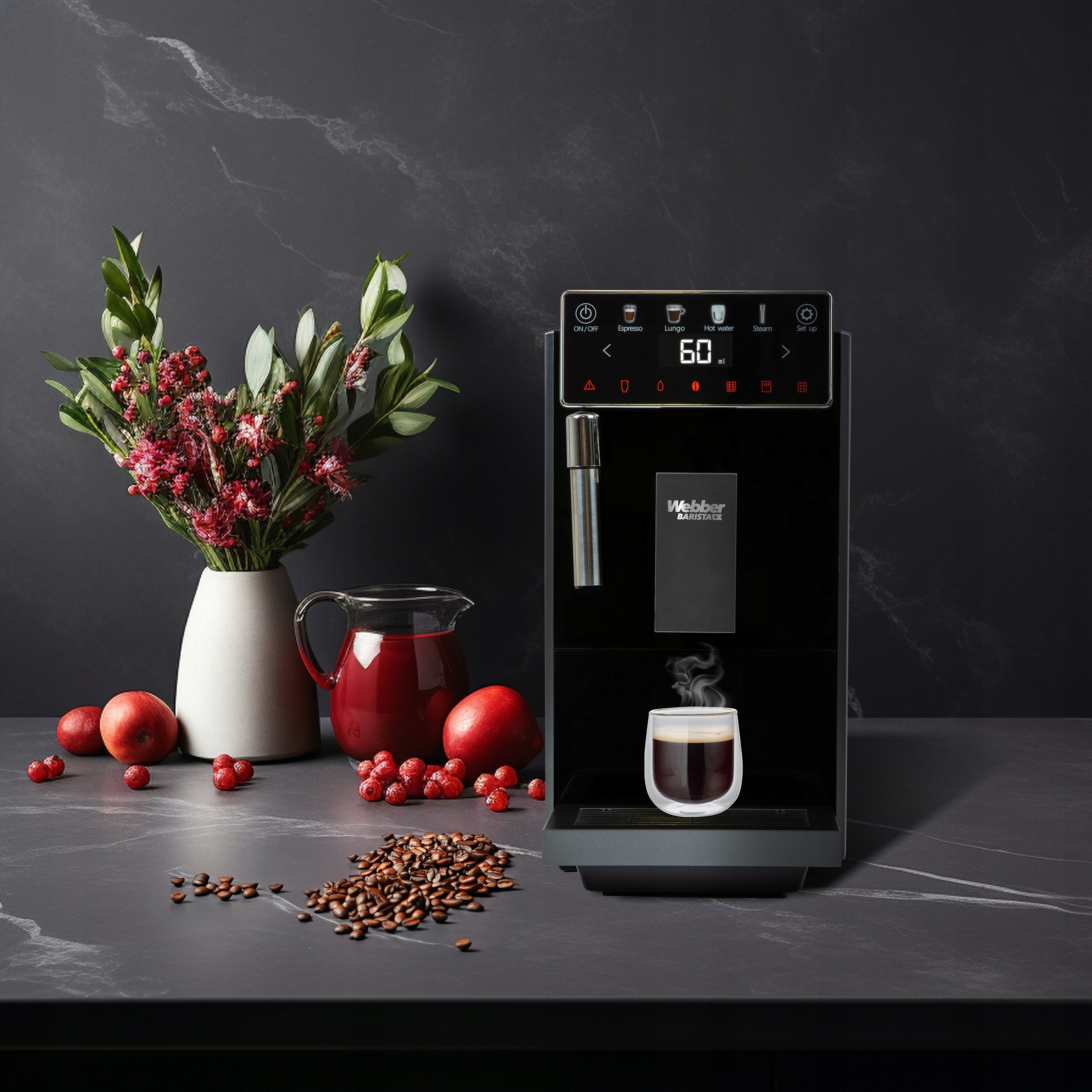 Ekspres do kawy z filiżanką kawy. Obok ziarna kawy, owoce i wazon z kwiatami.