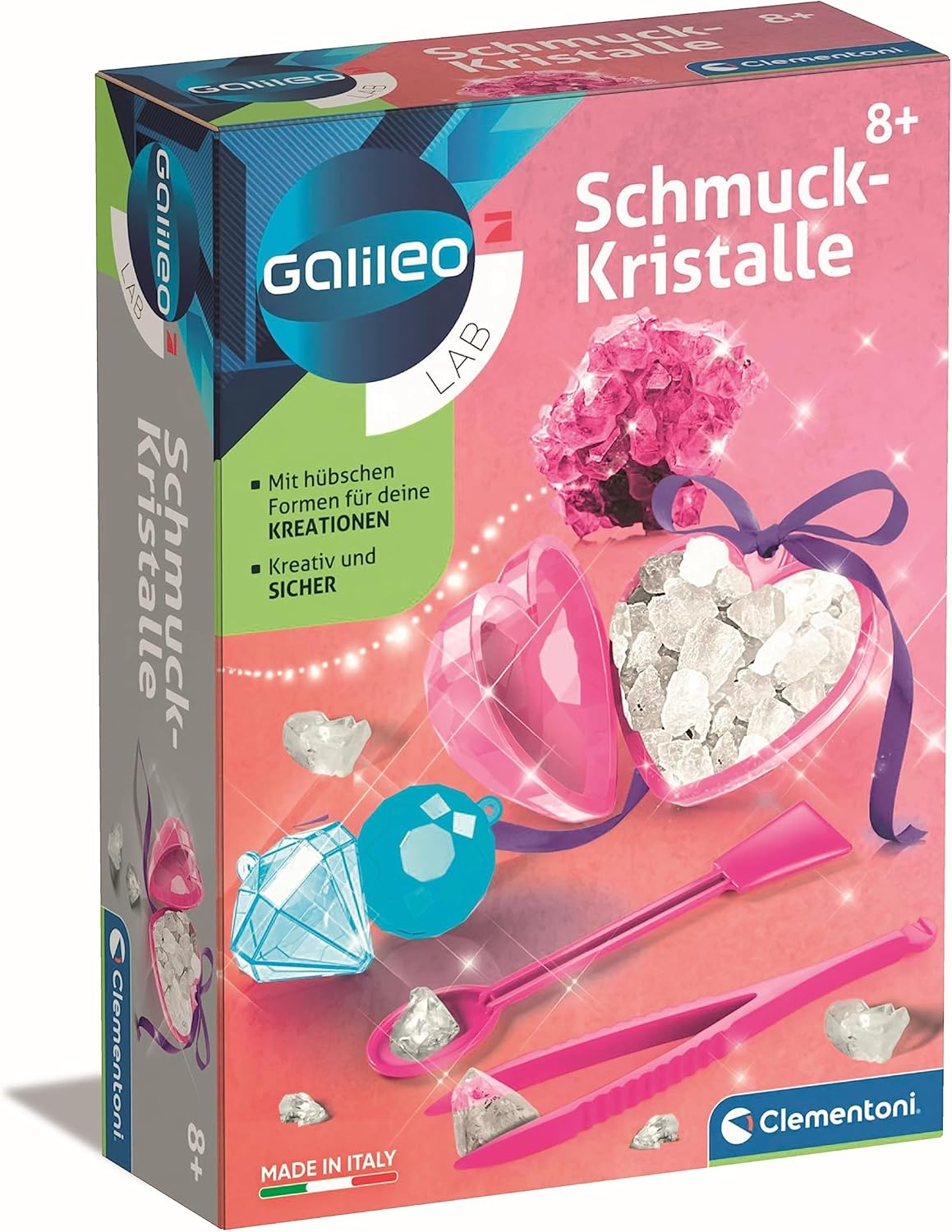 Schachtelkunst für ein Galileo Schmuck-Kristalle-Set. Mit rosa Herz, Diamanten und Juwelen. Text auf Deutsch. Hergestellt in Italien.
