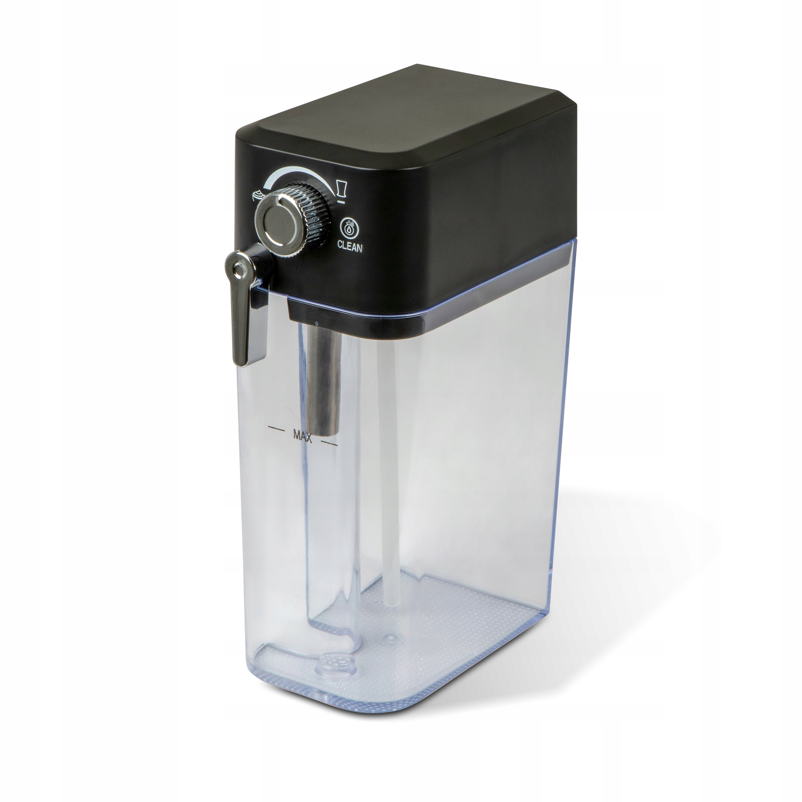 Zbiornik na wodę do ekspresu do kawy. Ma czarną górę z elementami sterującymi i przezroczysty plastikowy zbiornik na wodę.