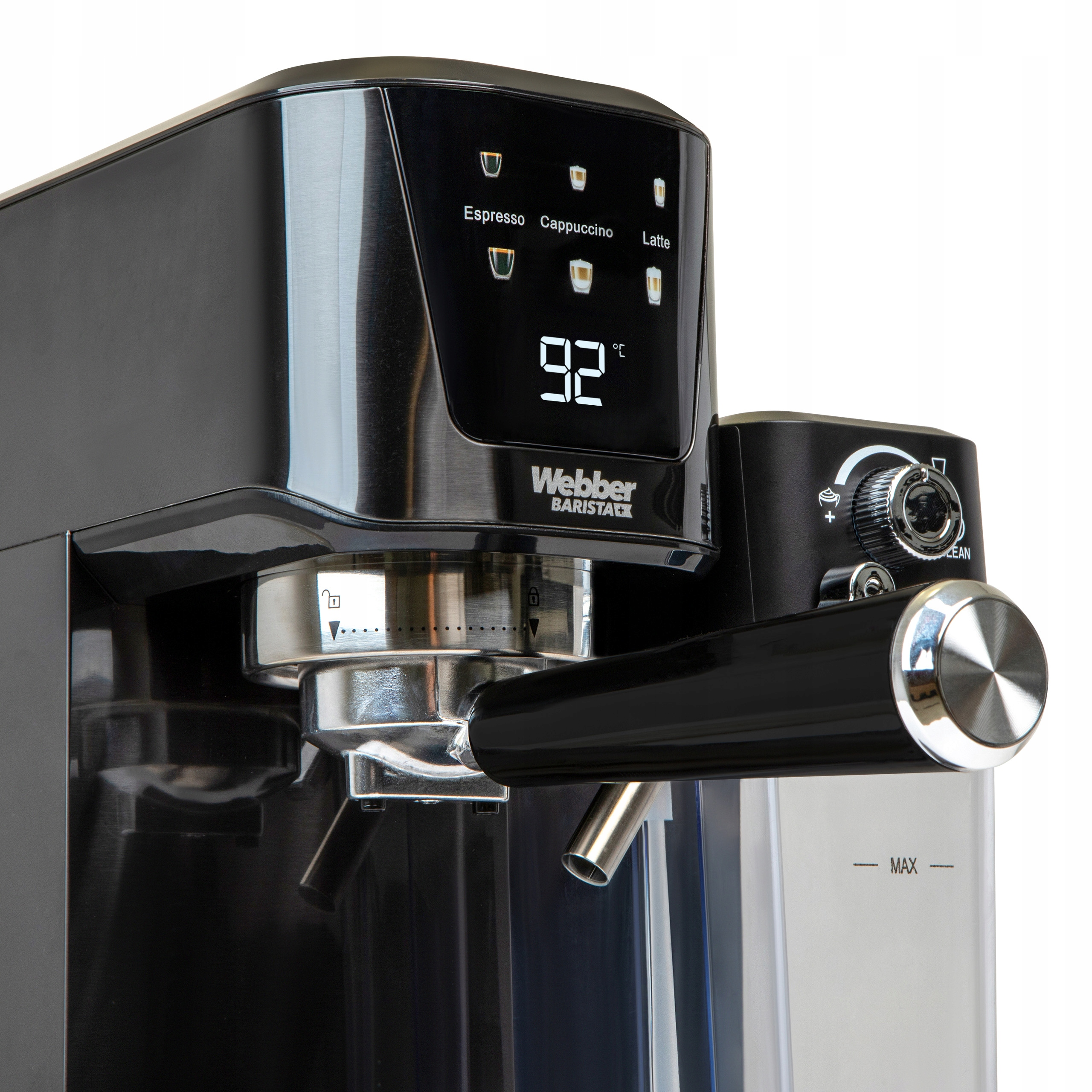 Czarny ekspres do kawy z cyfrowym wyświetlaczem pokazującym 92 stopnie. Posiada przyciski do różnych rodzajów kawy.