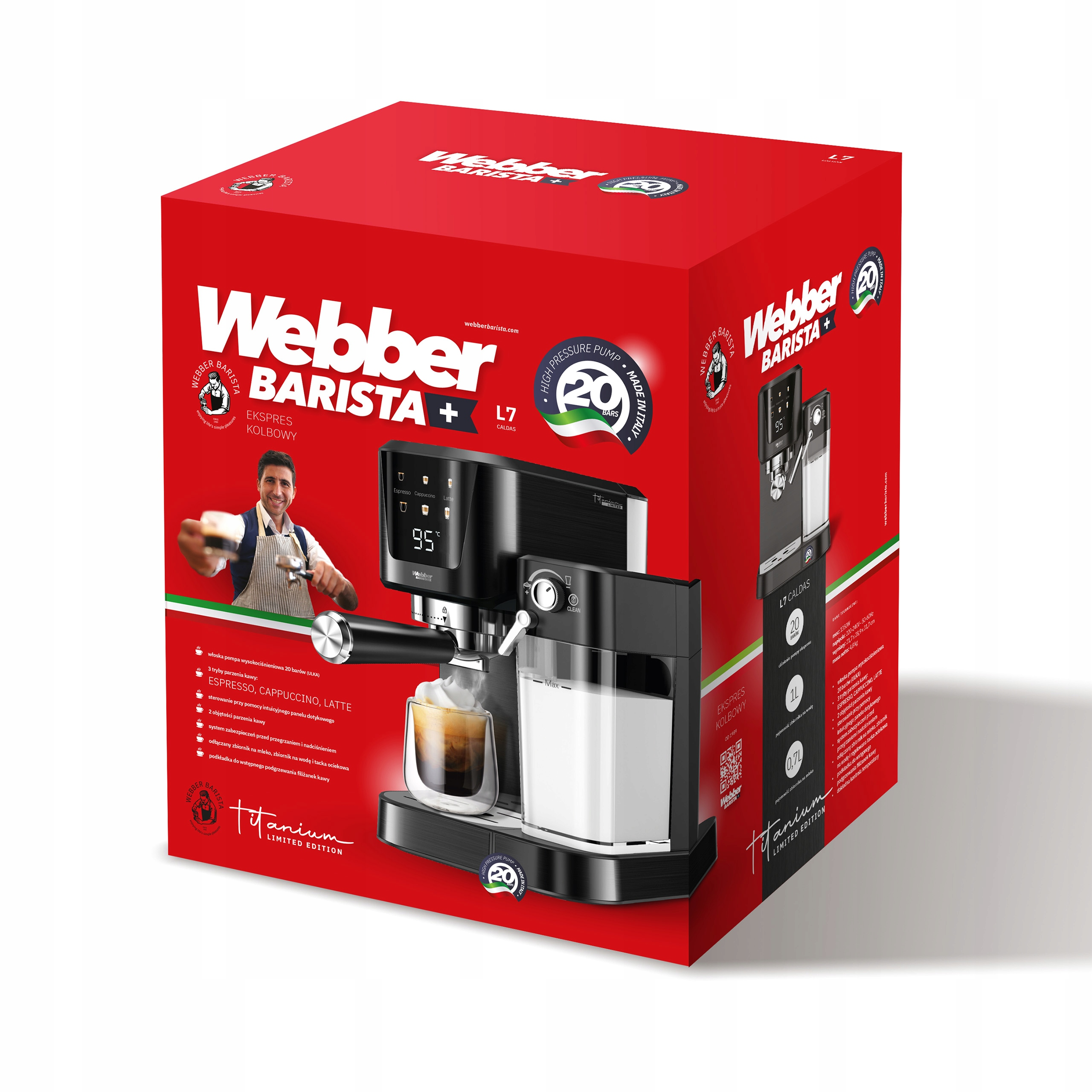 Czerwone pudełko z ekspresem do kawy. Zawiera tekst i zdjęcie mężczyzny robiącego kawę.