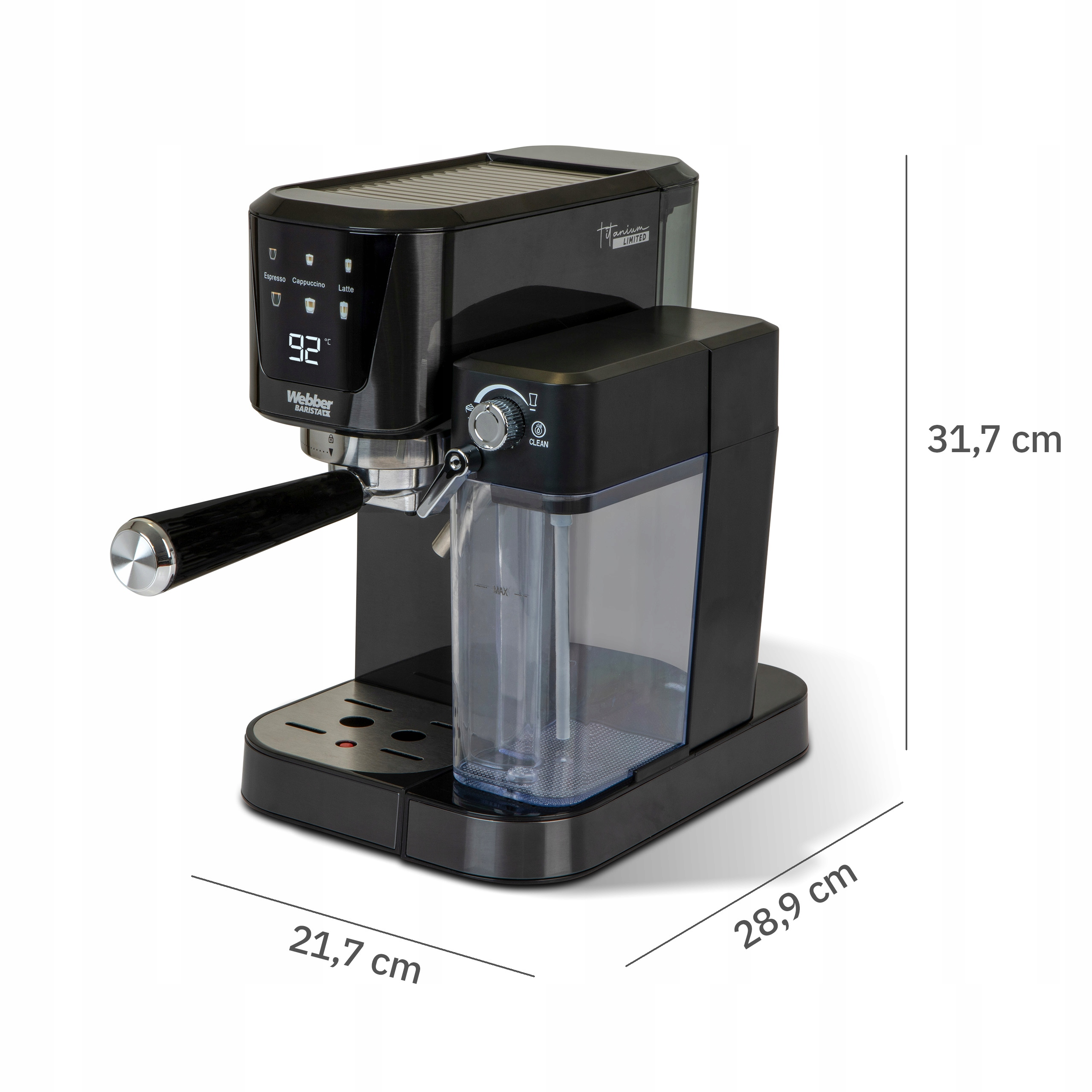 Czarny ekspres do kawy z cyfrowym wyświetlaczem, zbiornikiem na wodę i oznaczonymi wymiarami na białym tle.