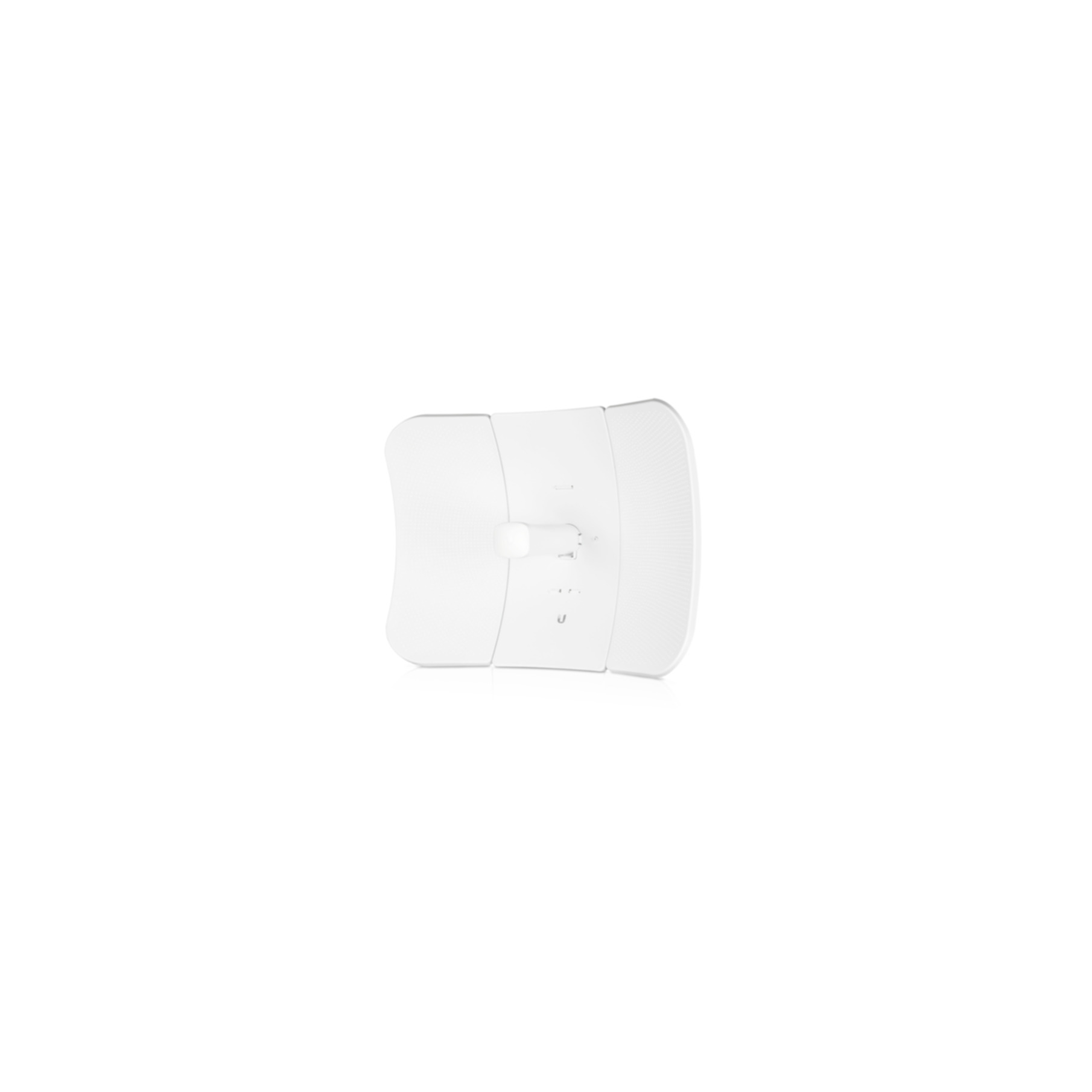 Antenna Ubiquiti bianca. Forma curva con componente centrale e due pannelli laterali, su sfondo bianco.