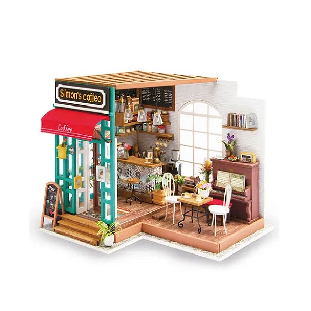 Mini kahve dükkanı modeli. Bir tezgah, piyano, masalar, sandalyeler ve birçok dekorasyon var.