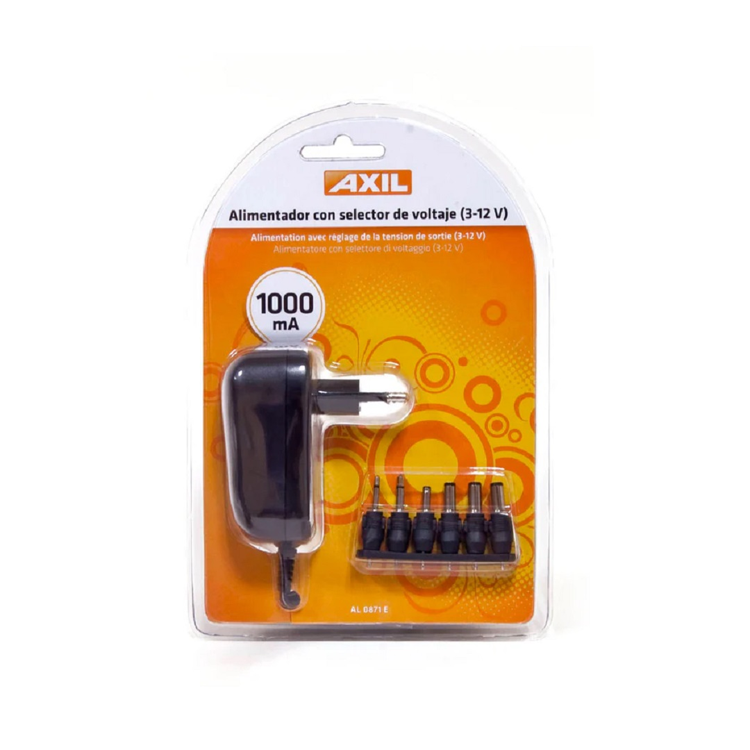 Adaptador de corriente negro con múltiples puntas en blíster, etiquetado AXIL, 1000mA y selector de voltaje 3-12V.
