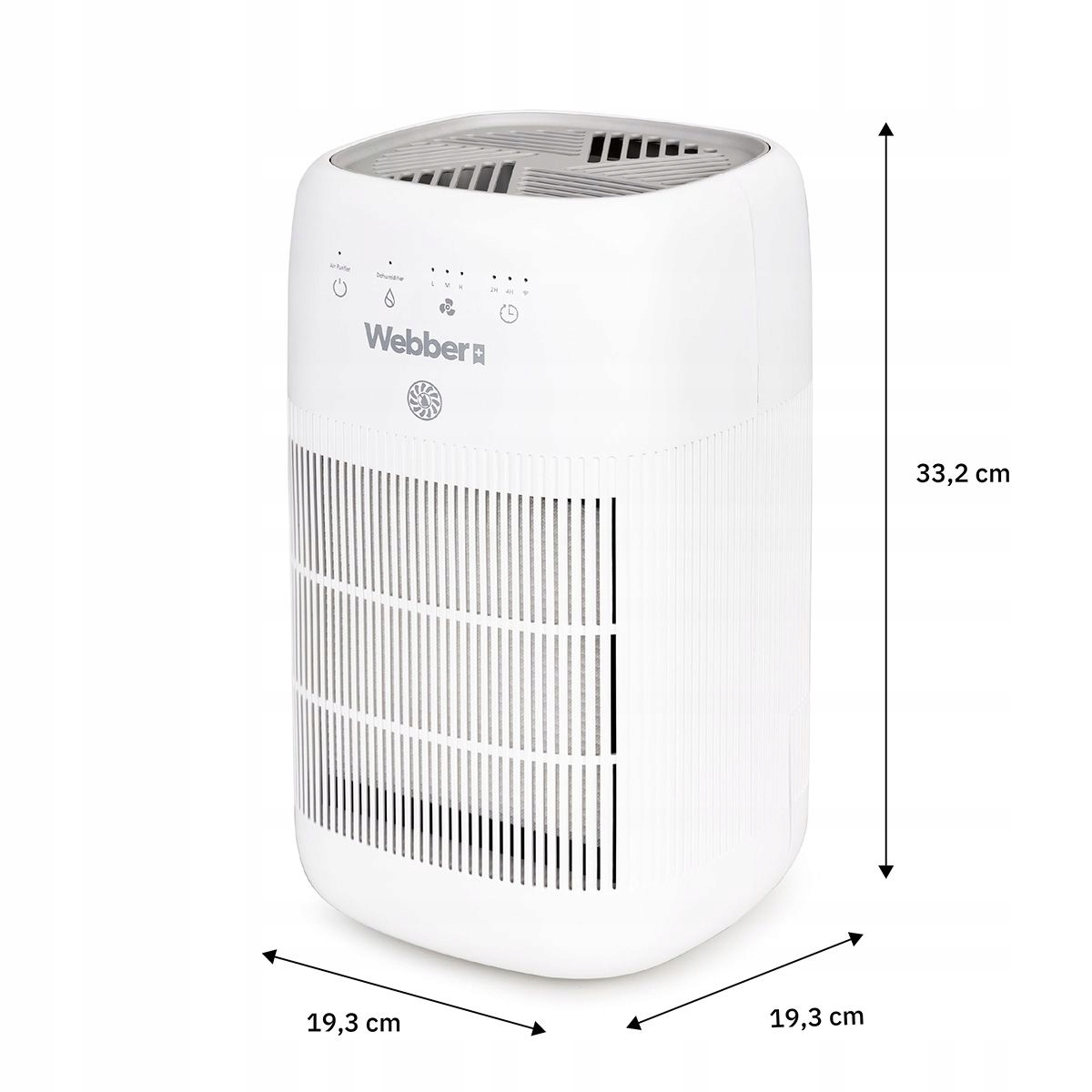 Biały oczyszczacz powietrza z wymiarami. Marka Webber. Panel sterowania z przyciskami i wskaźnikami. Pionowe linie z przodu.