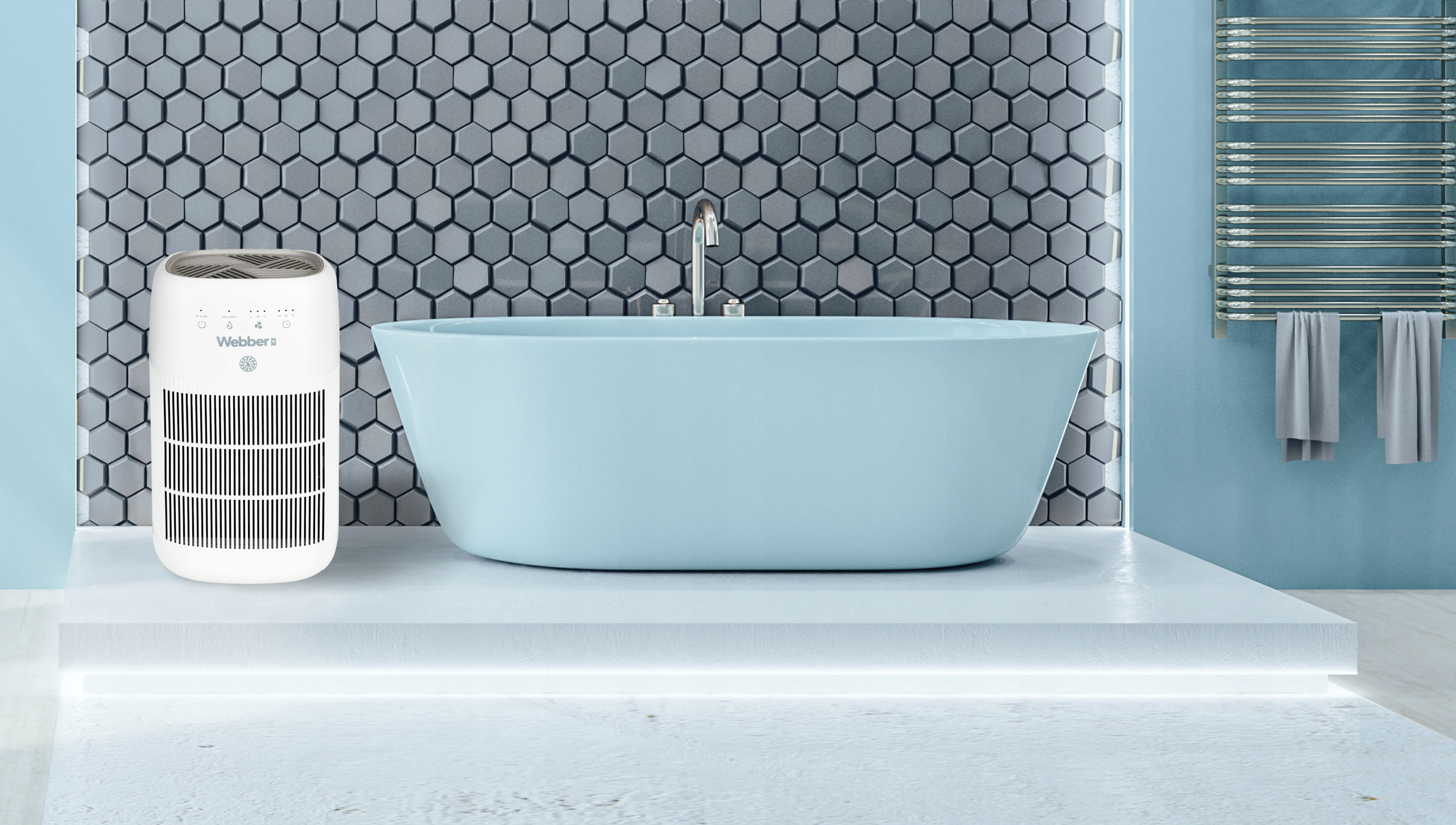 Łazienka z niebieską wanną, oczyszczaczem powietrza i sześciokątną ścianą z płytek. Wiszące ręczniki.