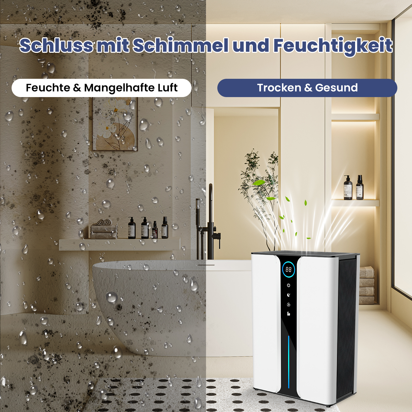 Das Bild zeigt ein Badezimmer mit Schimmel auf der einen Seite und einem Luftentfeuchter auf der anderen Seite.