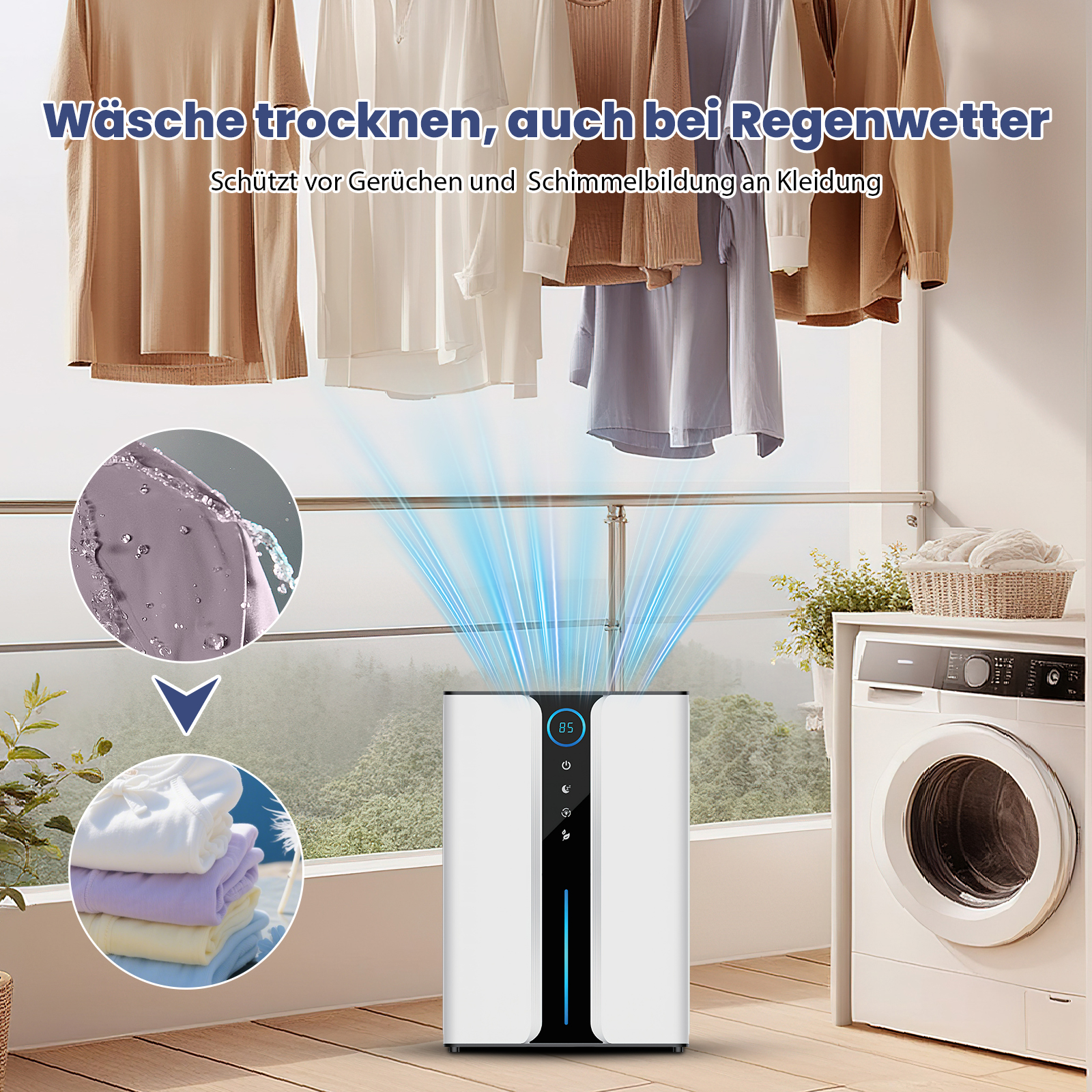 Kleidung zum Trocknen aufgehängt, mit einem Gerät darunter. Rechts steht eine Waschmaschine.