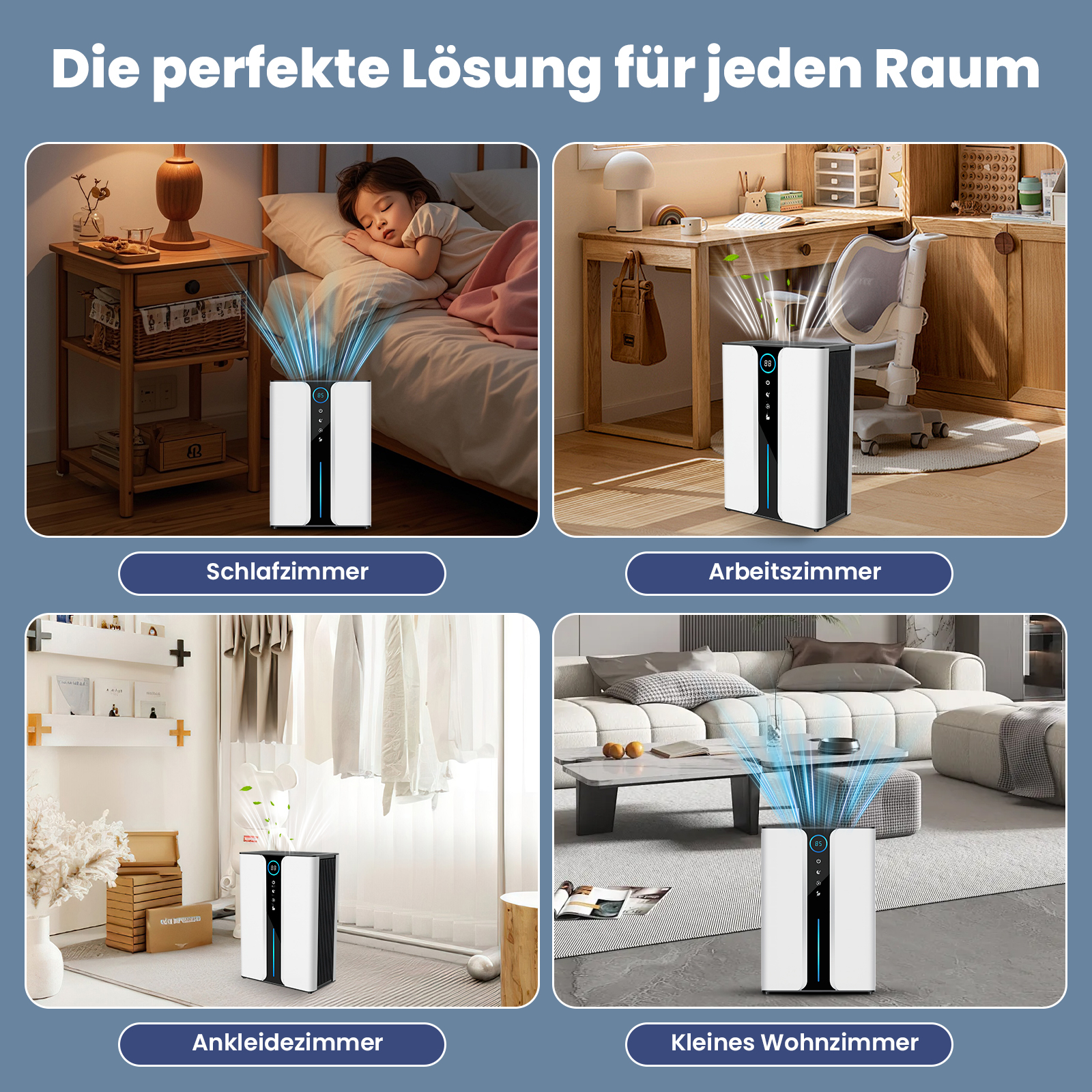 Das Bild zeigt einen Luftreiniger in vier verschiedenen Räumen: Schlafzimmer, Büro, Ankleidezimmer und Wohnzimmer.