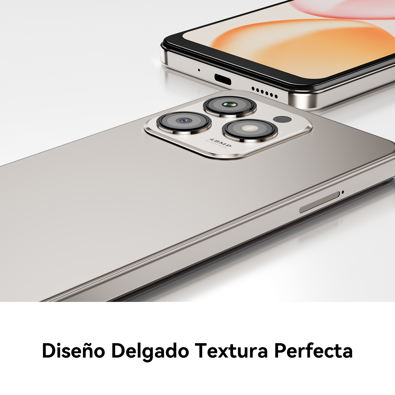 Teléfono plateado con tres cámaras, etiqueta 48MP. Vista superior del teléfono. Fondo blanco. Texto: 'Diseño delgado Textura perfecta'.