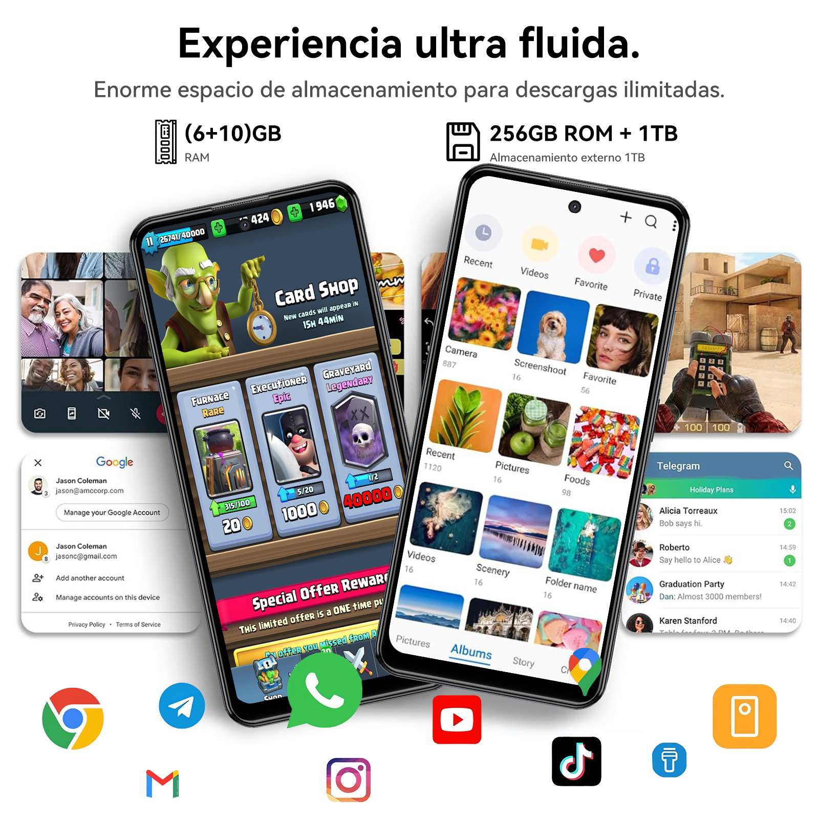 Dos smartphones mostrando aplicaciones, un juego y álbumes de fotos, con iconos de apps debajo. El texto promueve la capacidad de almacenamiento.