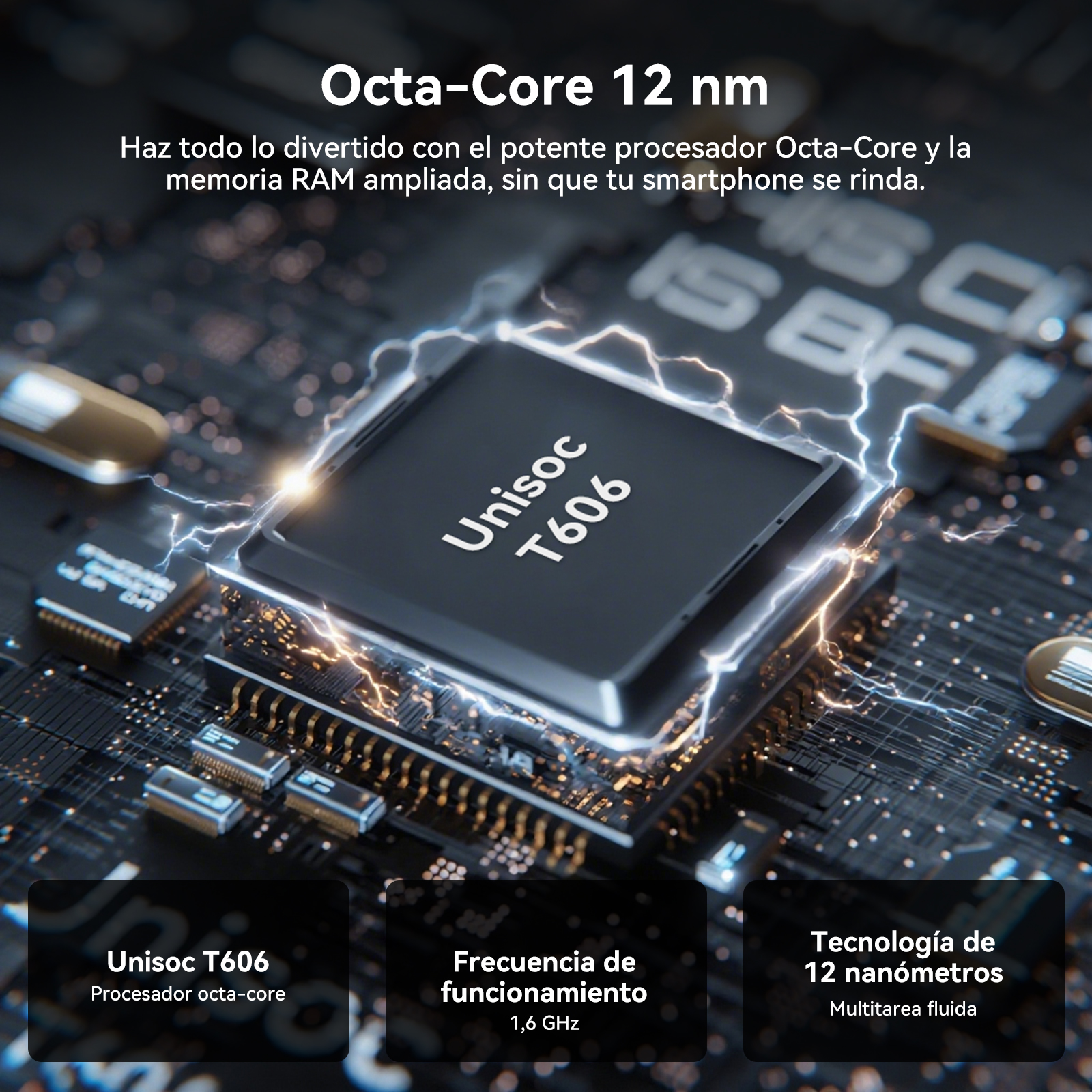 Primer plano del procesador de un teléfono con el texto 'Unisoc T606'. Líneas similares a rayos rodean el chip.