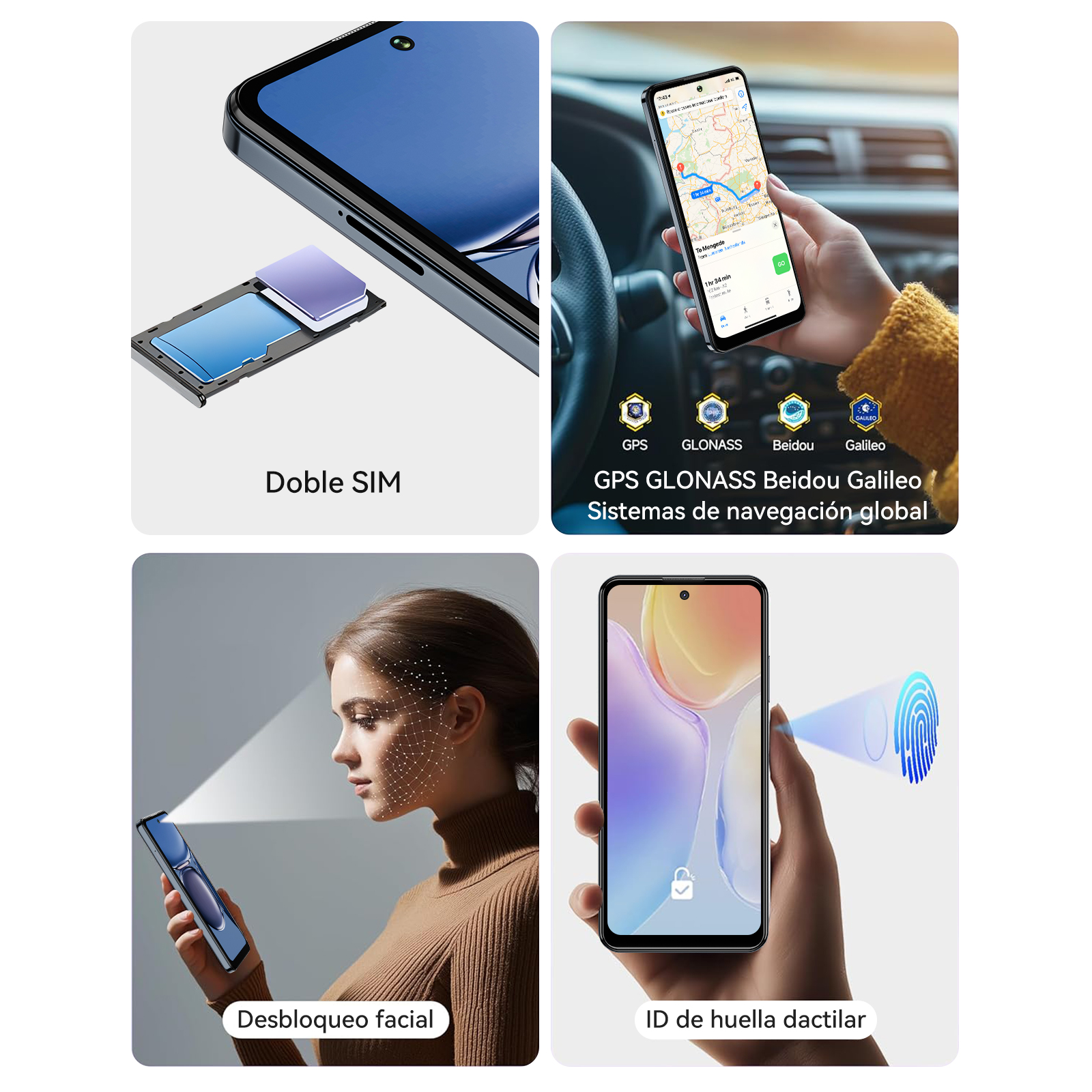 Un teléfono que muestra características: doble SIM, navegación GPS, desbloqueo facial e ID de huella digital. Cada característica se destaca.