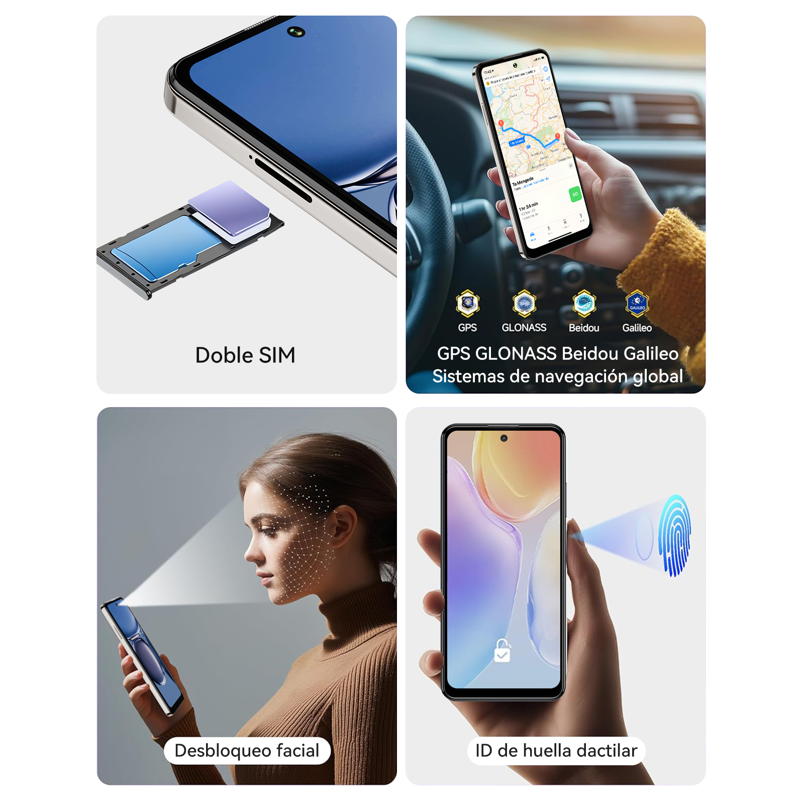 Un teléfono que muestra funciones: doble SIM, navegación GPS, desbloqueo facial e ID de huella dactilar.