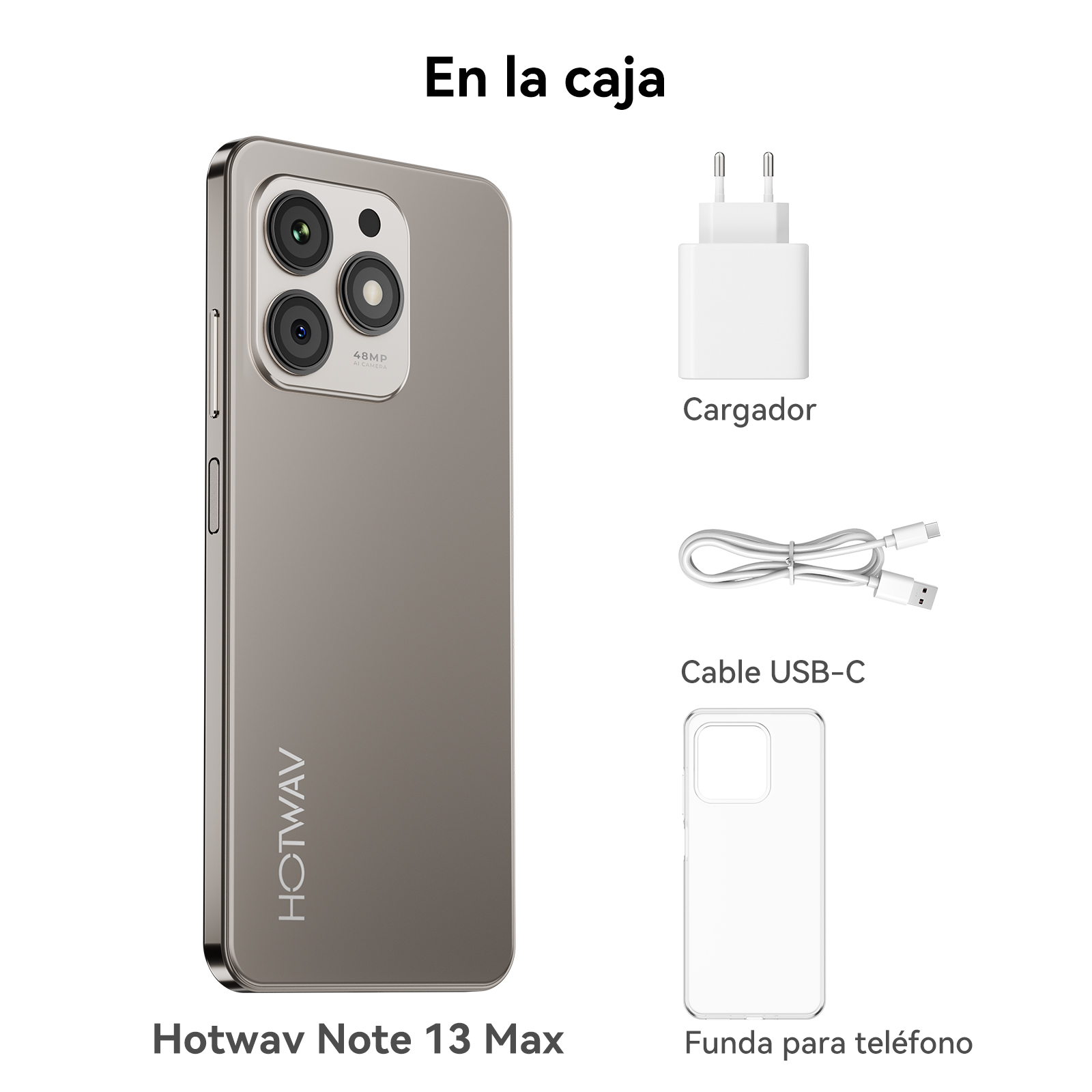 La imagen muestra un teléfono inteligente, un cargador, un cable USB y una funda. El teléfono es gris, el cargador y el cable son blancos.