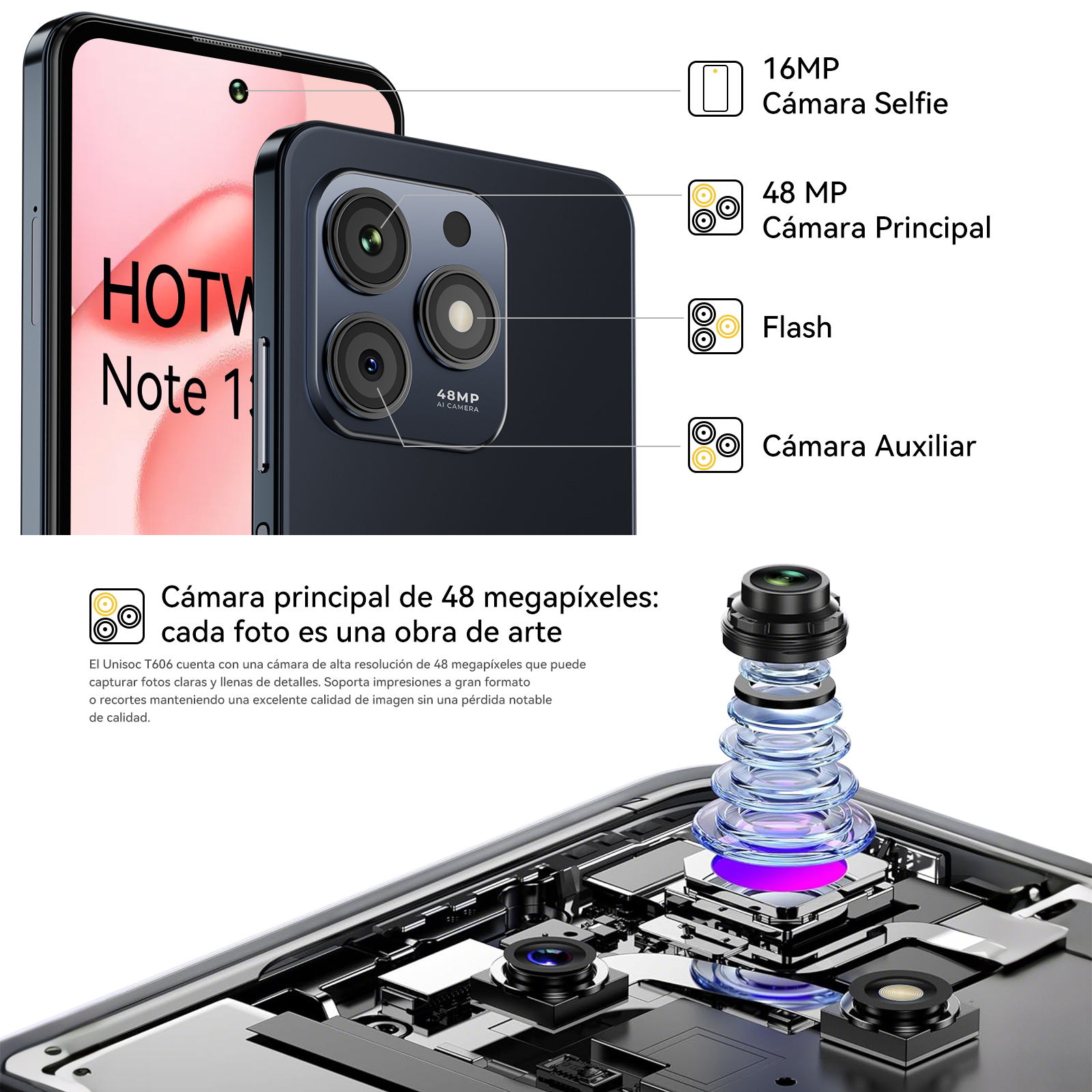 Un smartphone con pantalla 'HOTW Note 1'. Tiene múltiples cámaras y especificaciones, incluyendo una cámara principal de 48MP.