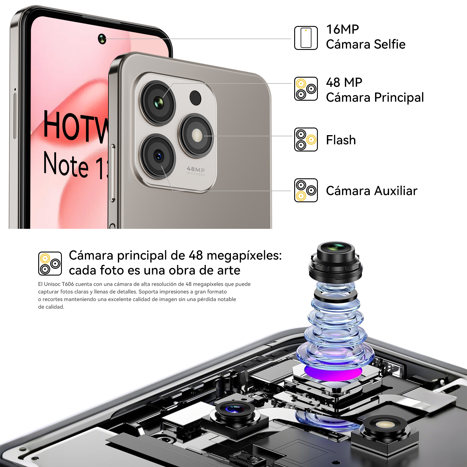 Un smartphone que muestra detalles de la cámara. Incluye una cámara para selfies, cámara principal, flash y cámara auxiliar.