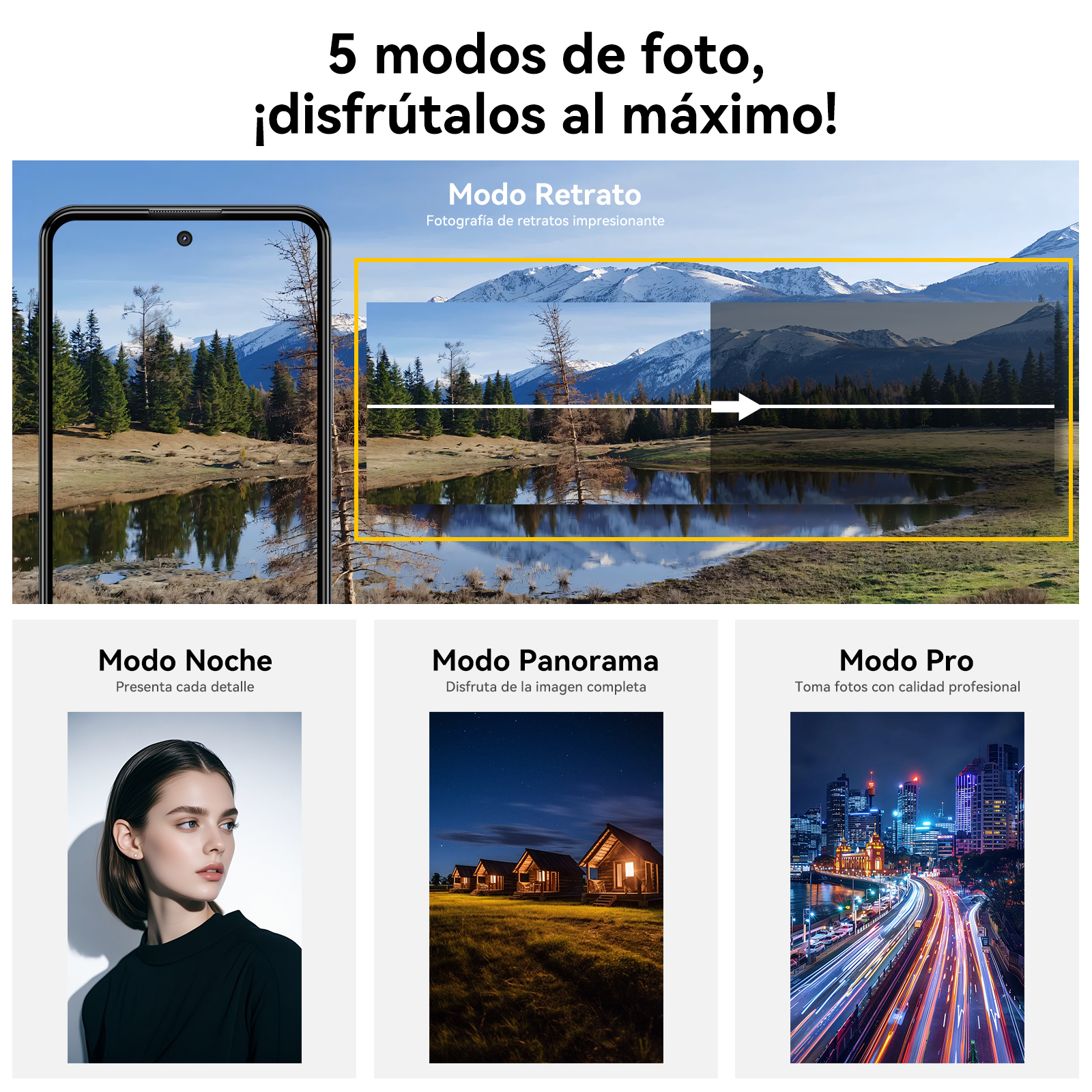 La imagen muestra un teléfono con foto de paisaje, montaña, lago y otros 3 modos de foto con ejemplos: noche, panorama y pro.