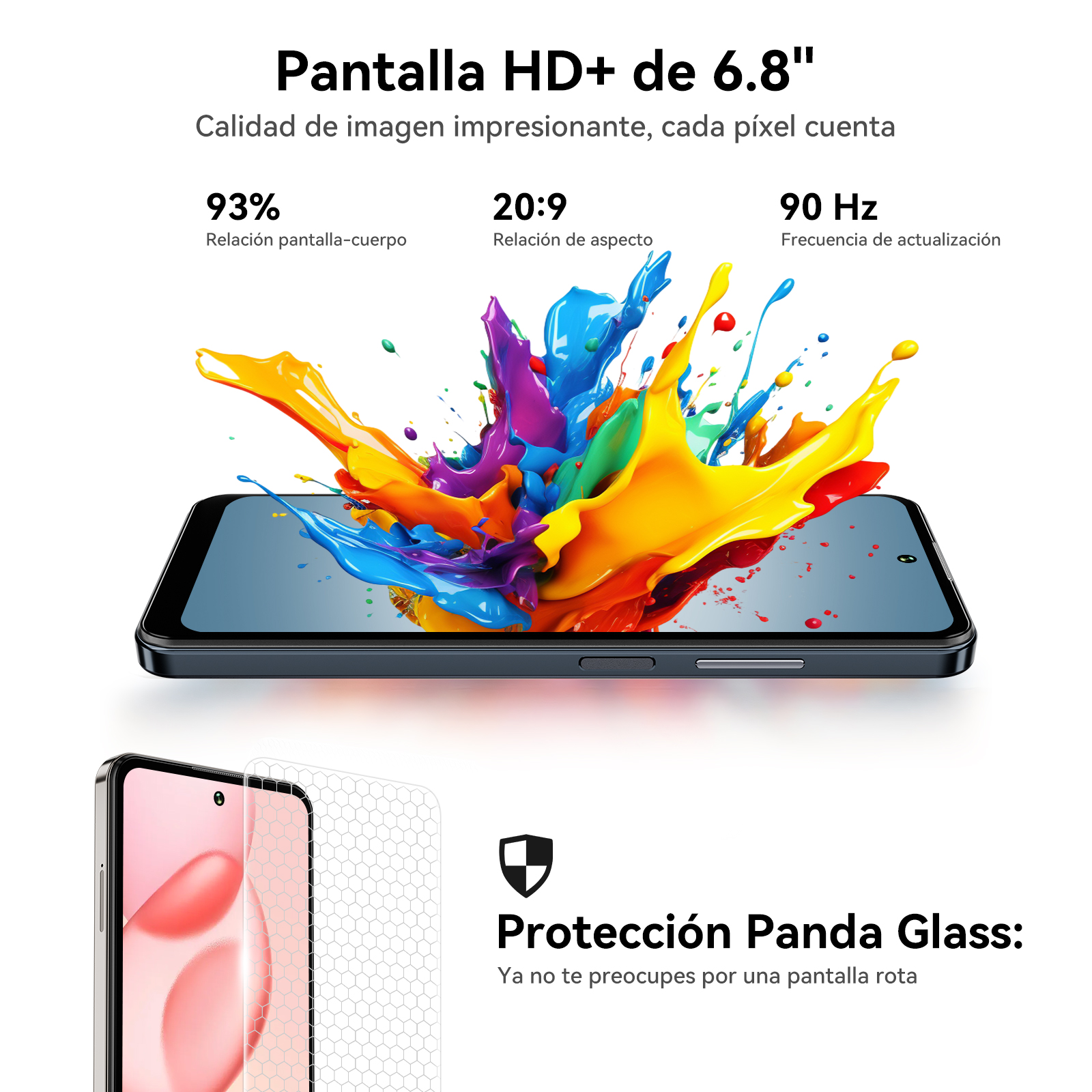 Un smartphone con salpicaduras de pintura coloridas en la pantalla. El texto muestra el tamaño de la pantalla, la relación de aspecto y la frecuencia.