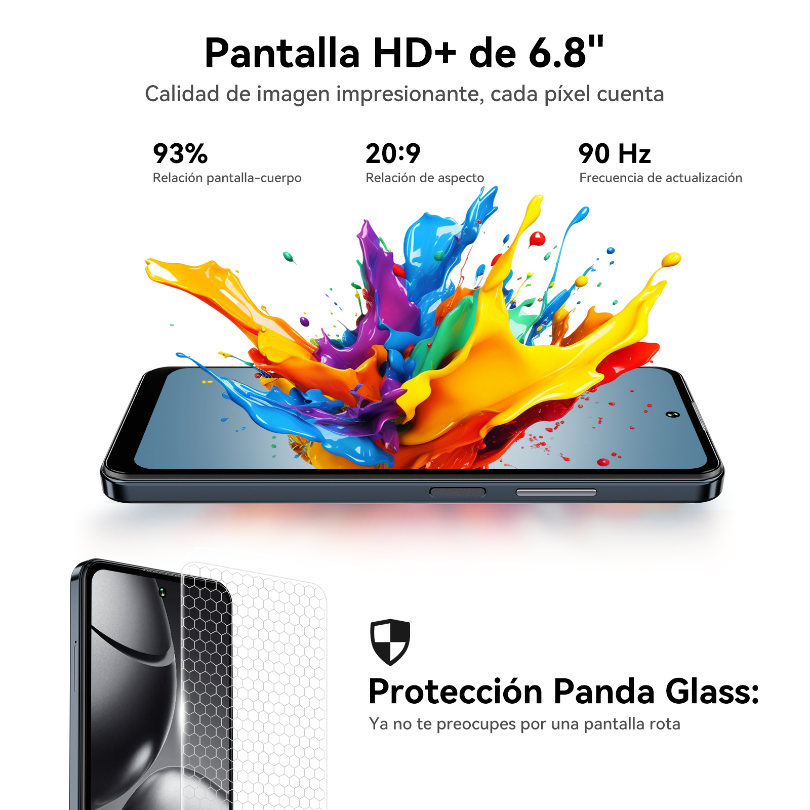 Un smartphone con salpicaduras de pintura coloridas en la pantalla, con texto sobre las características y protección.