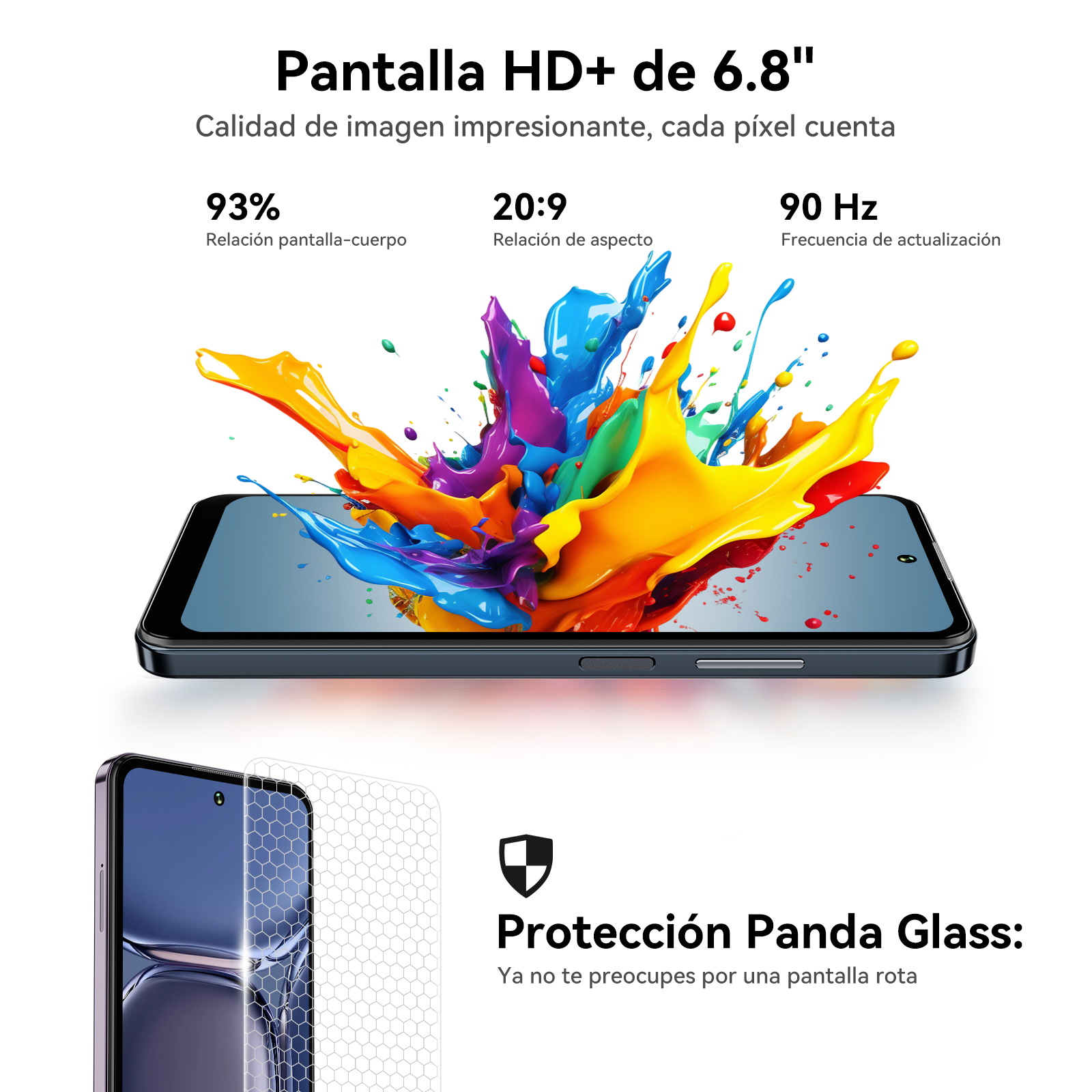 Smartphone con salpicadura colorida, especificaciones: 93% relación pantalla-cuerpo, 20:9, 90Hz. Protección de vidrio Panda.