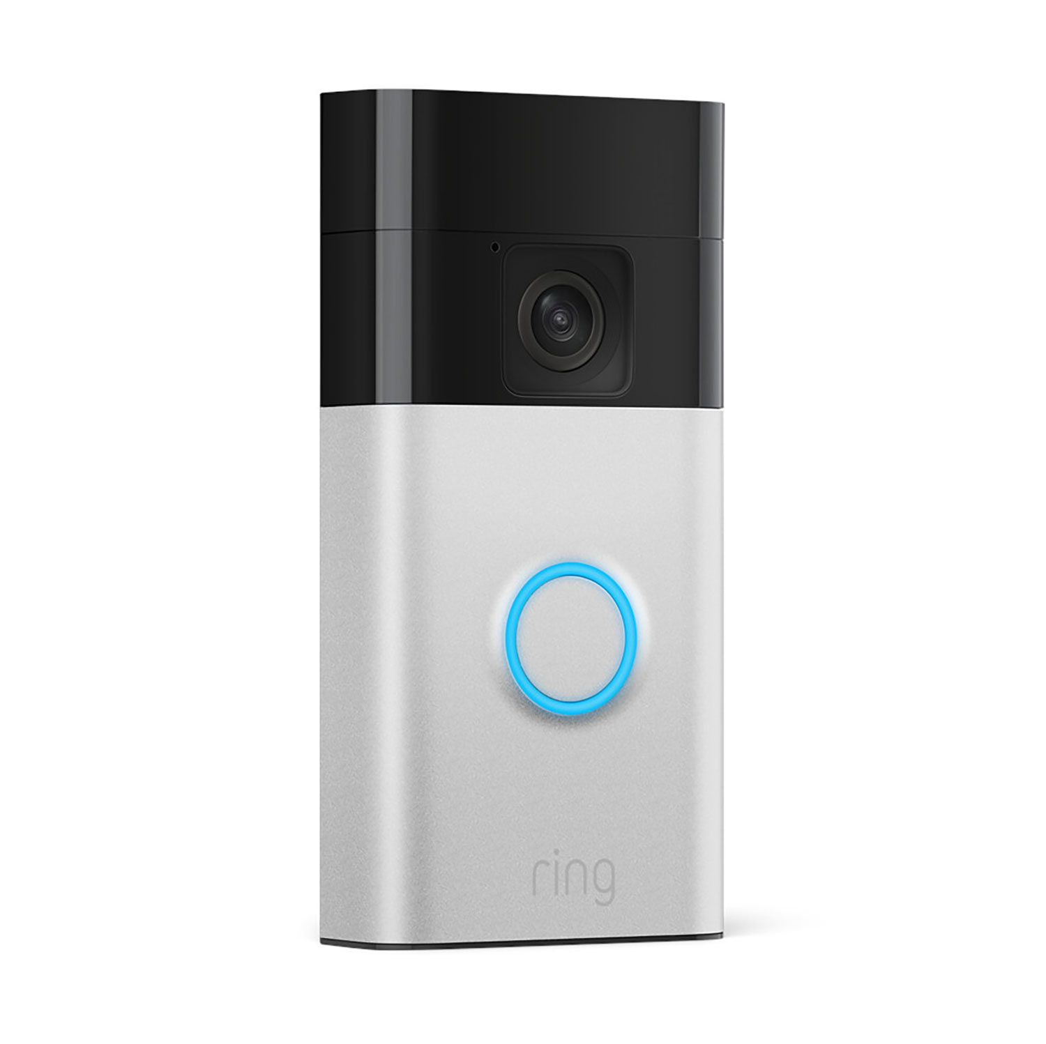 Un timbre Ring plateado con la parte superior negra. Tiene una cámara y un botón con luz azul. La palabra 'ring' está debajo.