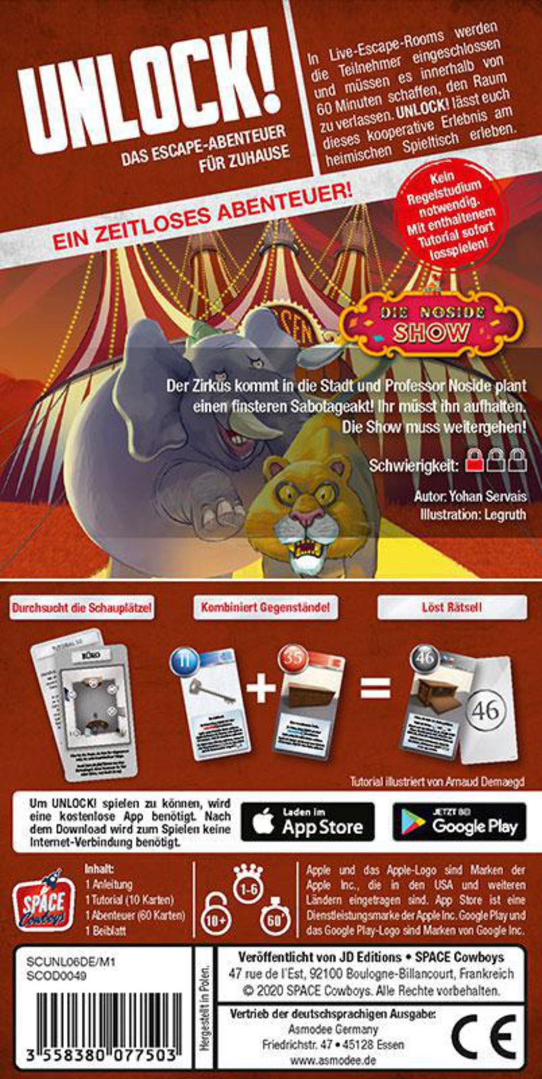 Spielbox mit Unlock!-Titel und Zirkus-Thema. Zeigt einen Löwen, Elefanten und Text auf Deutsch. Enthält App-Download-Infos.