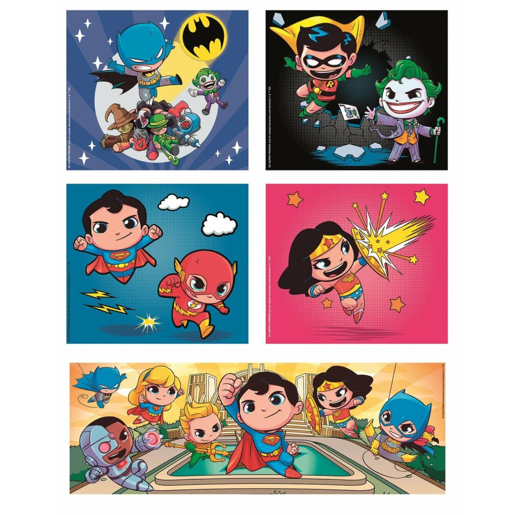 Comic-style images of DC characters: Batman, Robin, Joker, Superman, Flash, Wonder Woman, Cyborg, and others. Each character is in action.