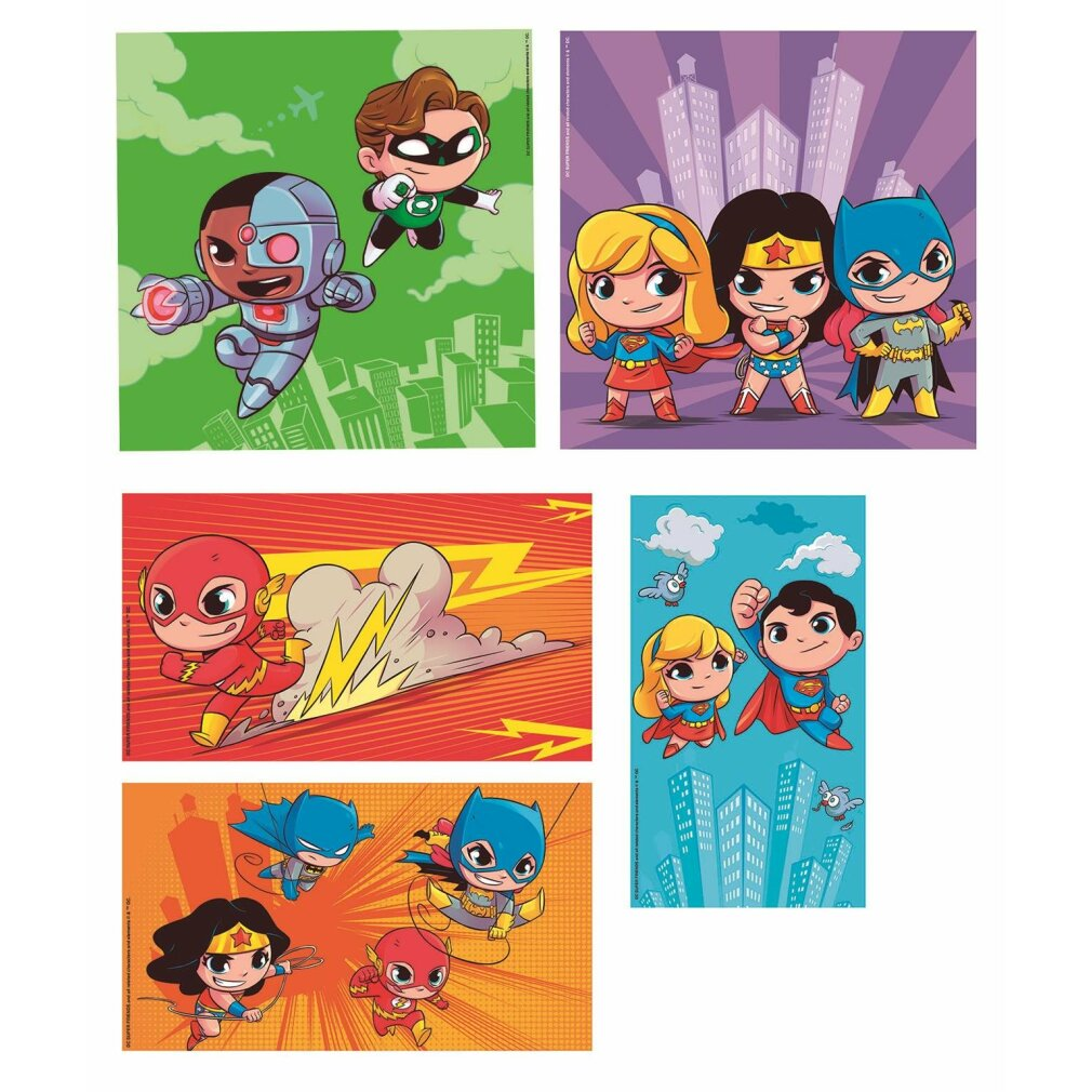 Comic-style illustrations of DC superheroes. Cyborg, Green Lantern, Supergirl, Wonder Woman, Batgirl, Flash, Superman, and Batman are depicted.